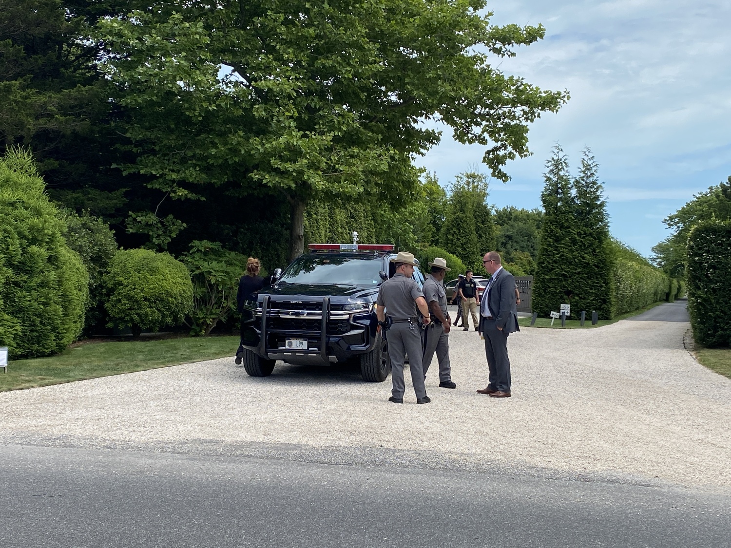 New York State Police and Secret Service personnel kept a close watch on the Further Lane residence where President Biden's reelection campaign held a June 29 fundraiser. CHRISTOPHER WALSH