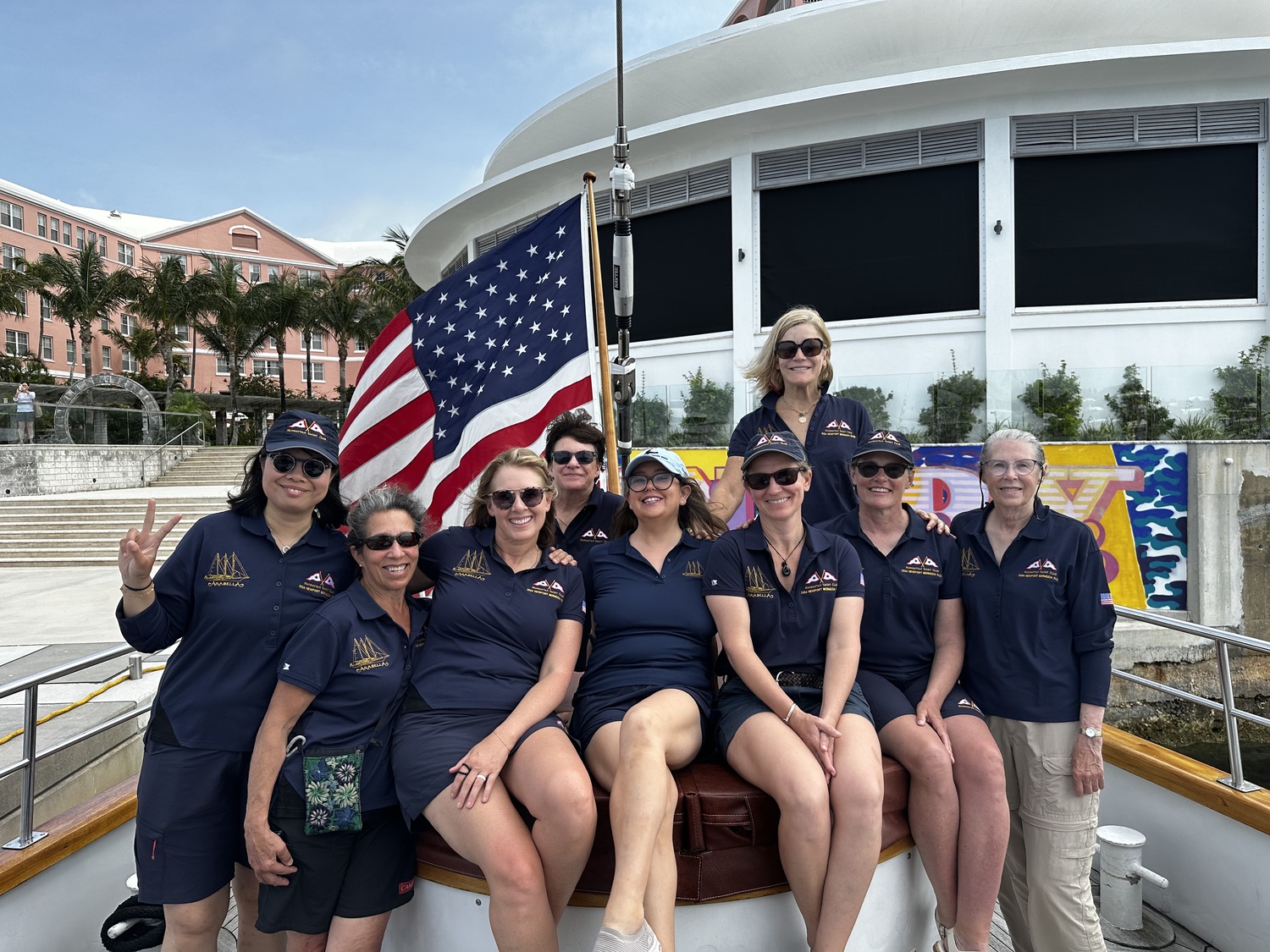 Of a total of 21 people aboard Arabella for the Newport Bermuda Race, Sarah Amaden, back row, was one of nine women, six of them crew.