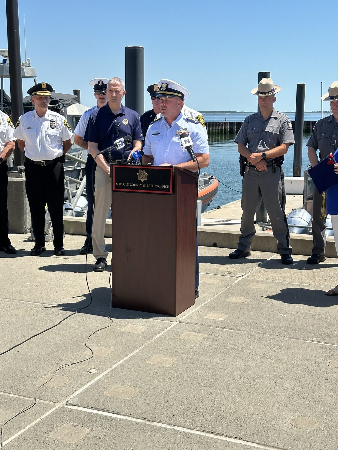 Commanding Officer Christopher Skala speaks at the U.S. Coast Guard Station Shinnecock on Tuesday. DAN STARK