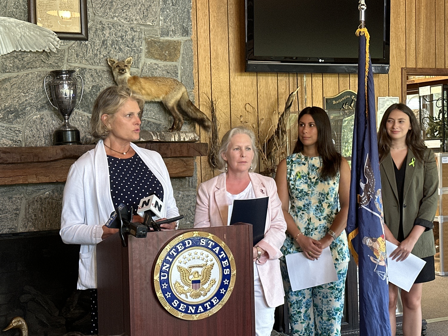 Suffolk County Legislator Ann Welker speaking at the Quogue Wildlife Refuge on Monday, July 29. DAN STARK