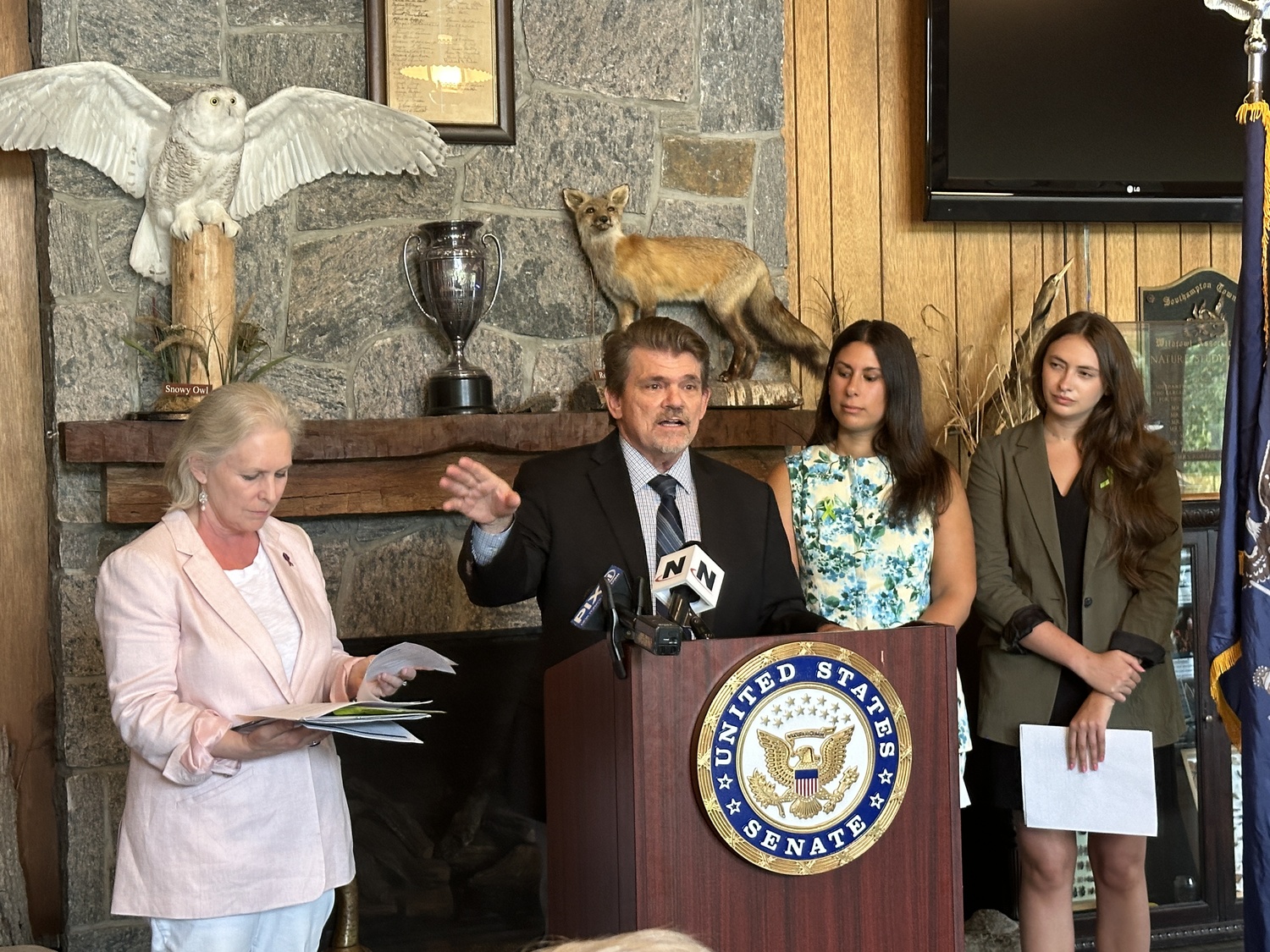 Southampton Town Councilman Tommy John Schiavoni speaking at the Quogue Wildlife Refuge on Monday, July 29. DAN STARK