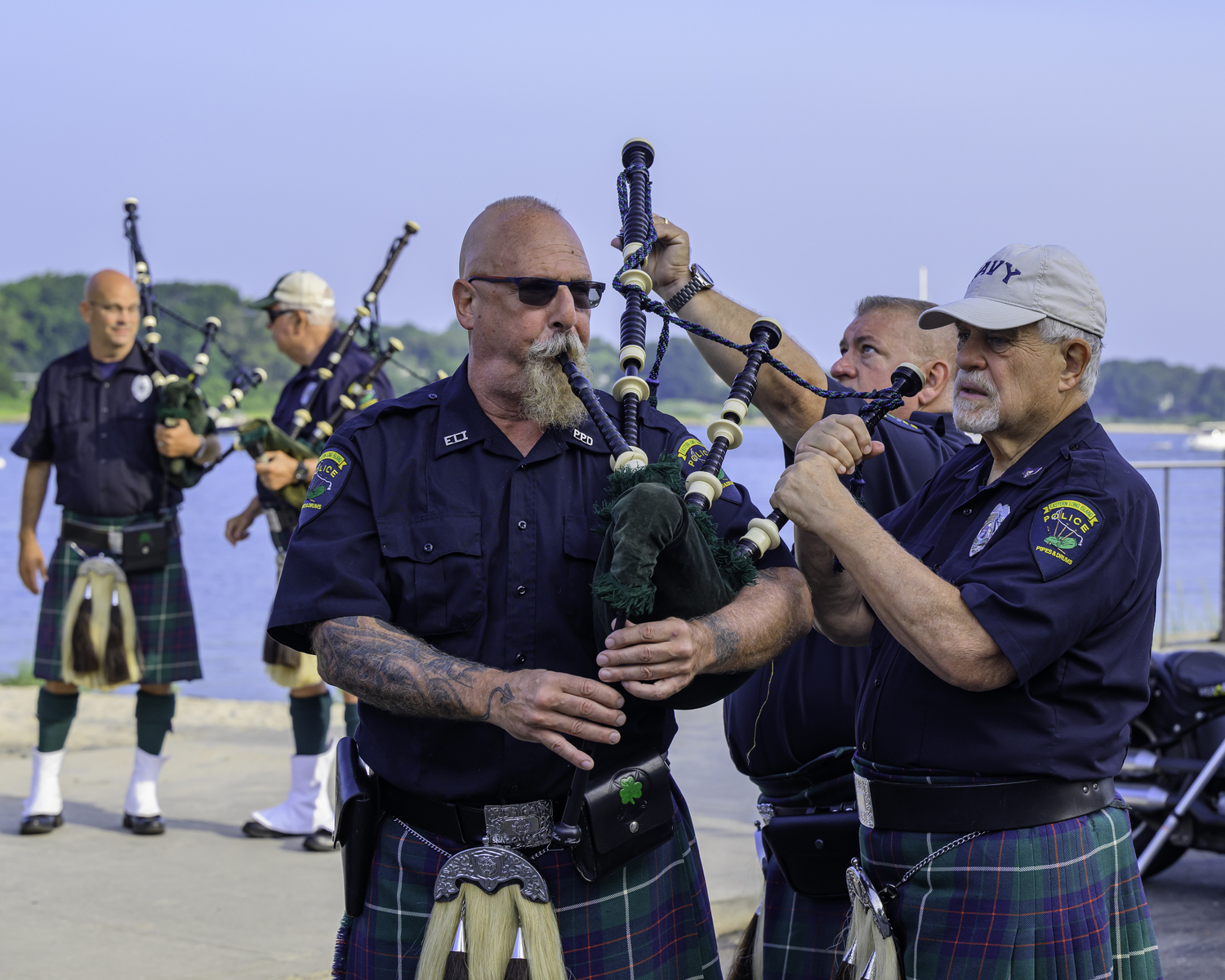 Members of the Eastern Long Island Pipes and Drums practice just prior to the start of Jordan's Run in Sag Harbor on Sunday morning.   MARIANNE BARNETT