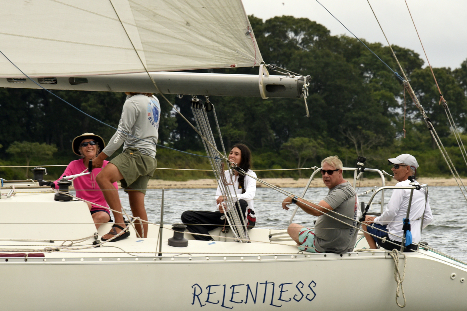 Relentless skipper, PBSA’s Gary Krogman, giving a glance at the photographer as he crosses the finish line first in non-spinnaker Division 3.   MICHAEL MELLA