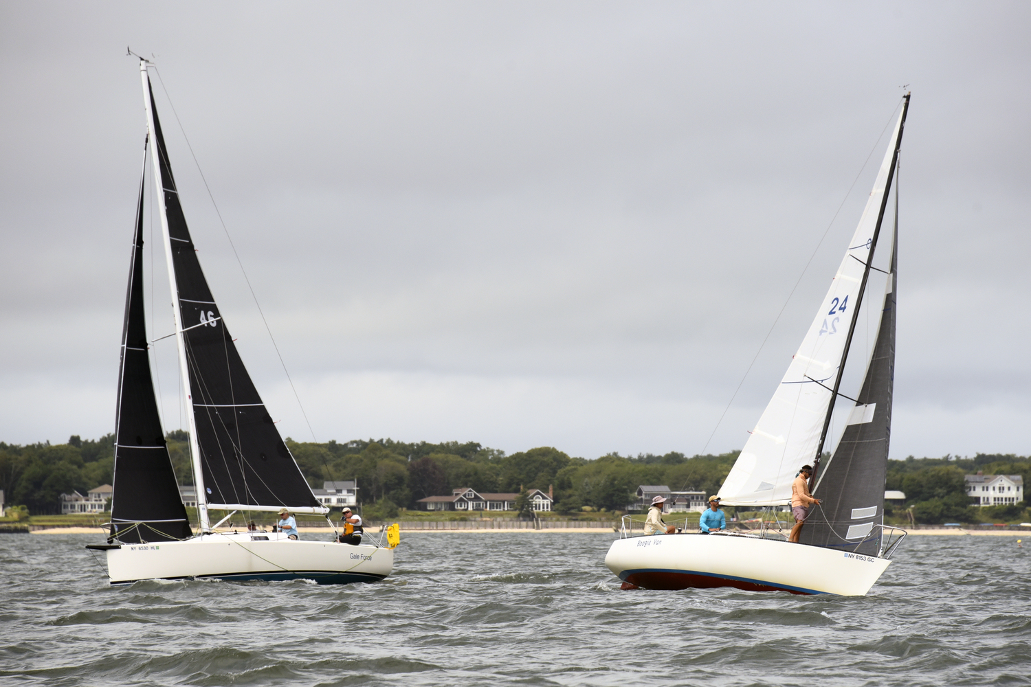 Gale Force, and Boogie Van on opposite tacks 100 feet from rounding red-nun 18 in Little Peconic Bay.  MICHAEL MELLA