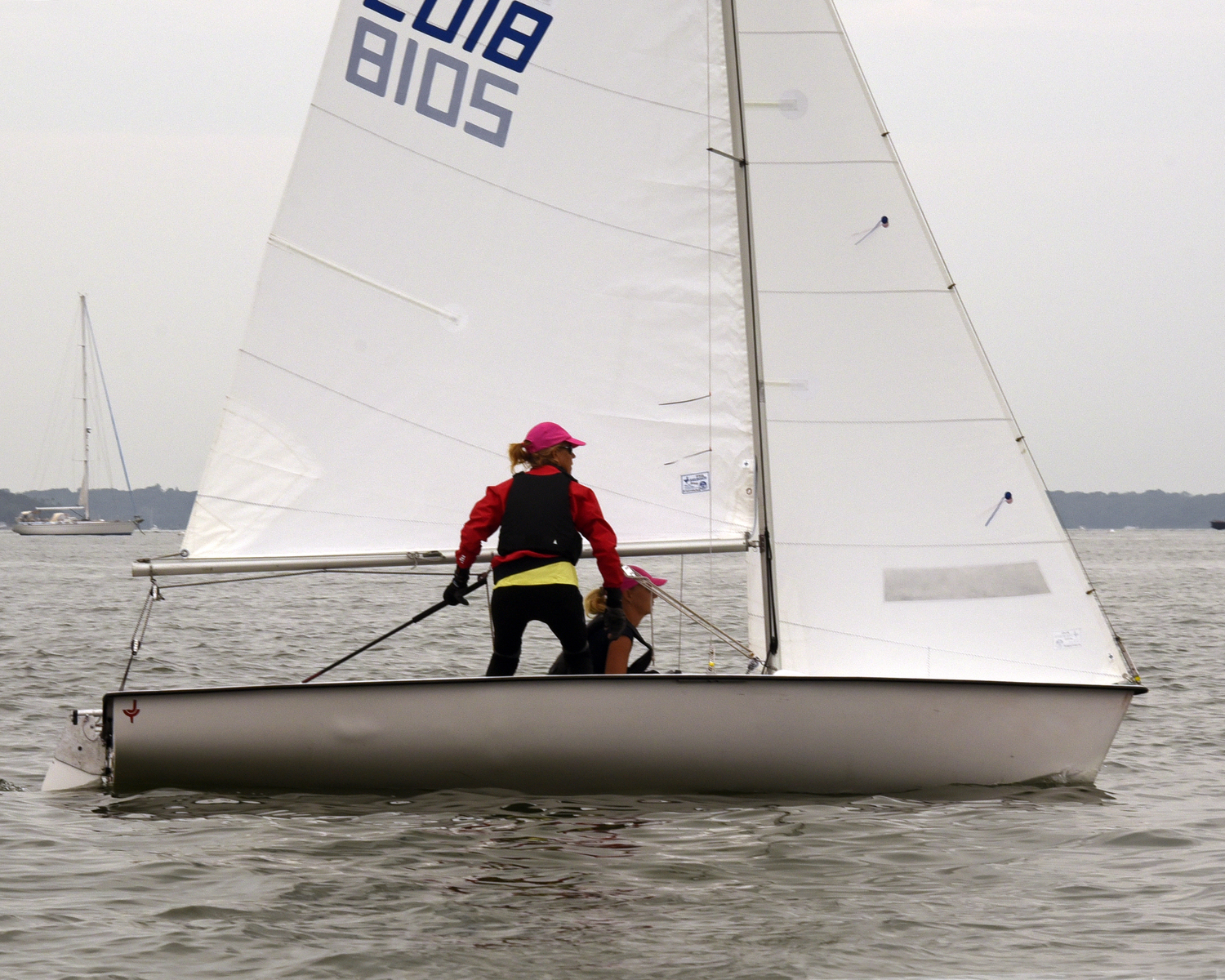 Seasoned skipper Sara Nightingale and jib sheet trimmer Katherine Kalbacher know what it takes to bring home the championship trophy: laser-beam focus. MICHAEL MELLA