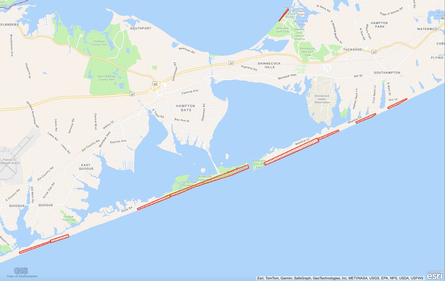 Miles of beaches in Southampton Town are closed to access by nesting piping plovers. SOUTHAMPTON TOWN GIS