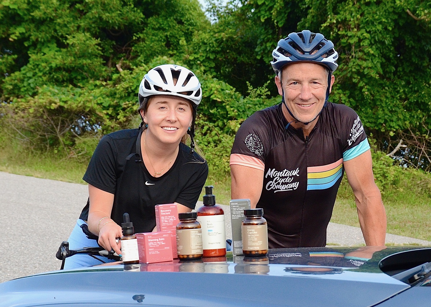 East Hampton resident Alyssa Bahel and her father, Mike, show off their Dragon Hemp Apothecary products. KYRIL BROMLEY