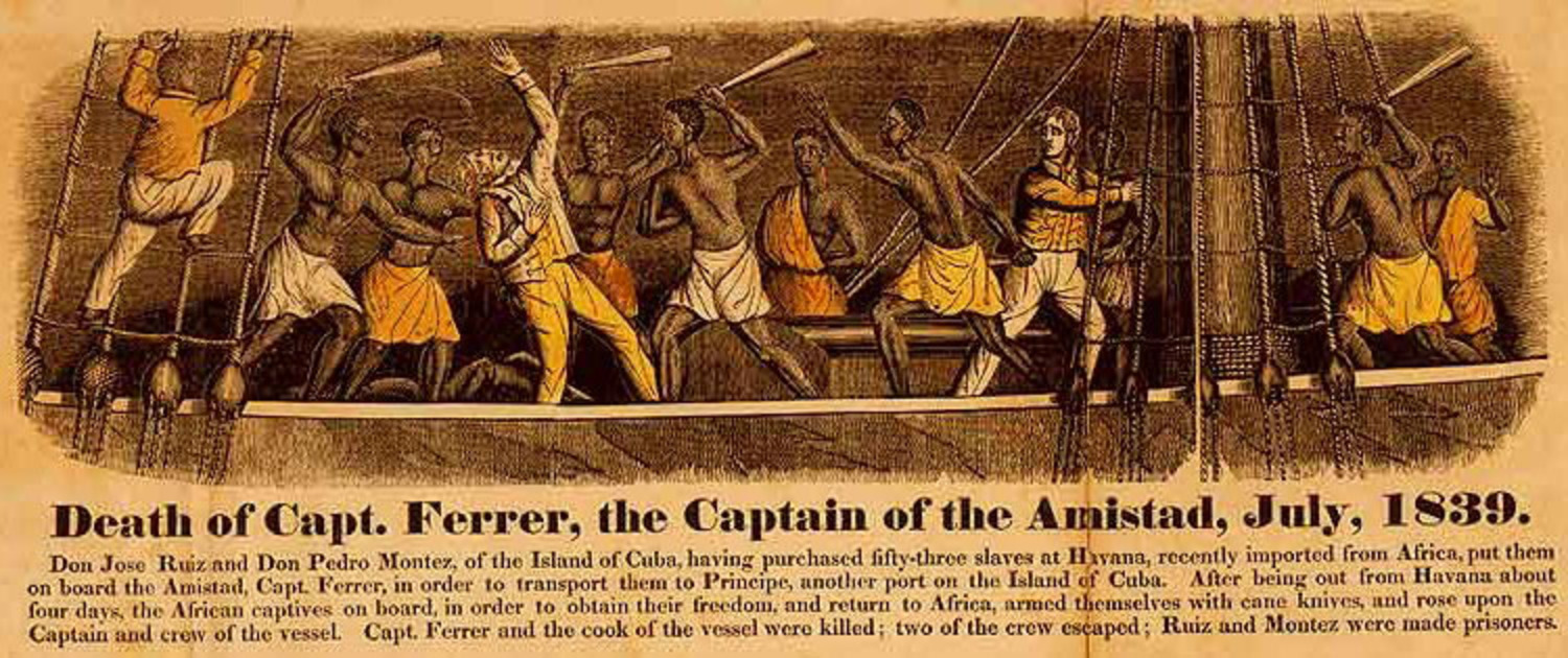 1840 engraving depicting the Amistad revolt
Color Engraving and Frontispiece from John Warner Barber (1840). A History of the Amistad Captives. New Haven, Connecticut: E.L. and J.W. Barber, Hitchcock & Stafford, Printers.
