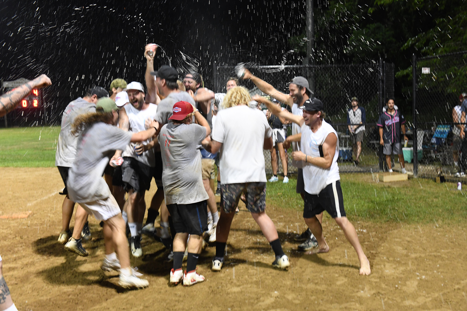 The Raptors celebrate their walk-off win on Sunday night.   DOUG KUNTZ