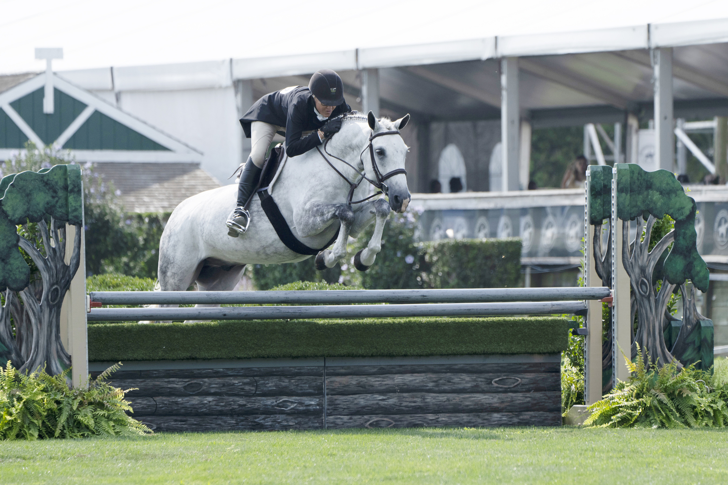 Laura Bowery aboard Cloud 9 in the $10,000 Marders Local Hunter Derby at The Hampton Classic Opening Day on Sunday.  LORI HAWKINS