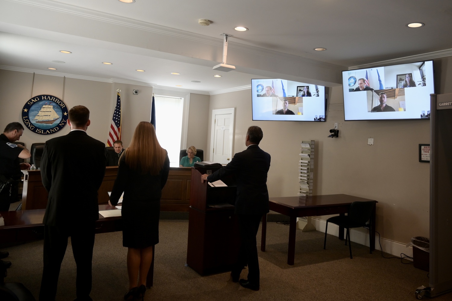 Justin Timberlake appeared virtually in Sag Harbor Village Justice Court on Friday, August 2, to be arraigned again on a DWI charge. JOHN ROCA/POOL PHOTO