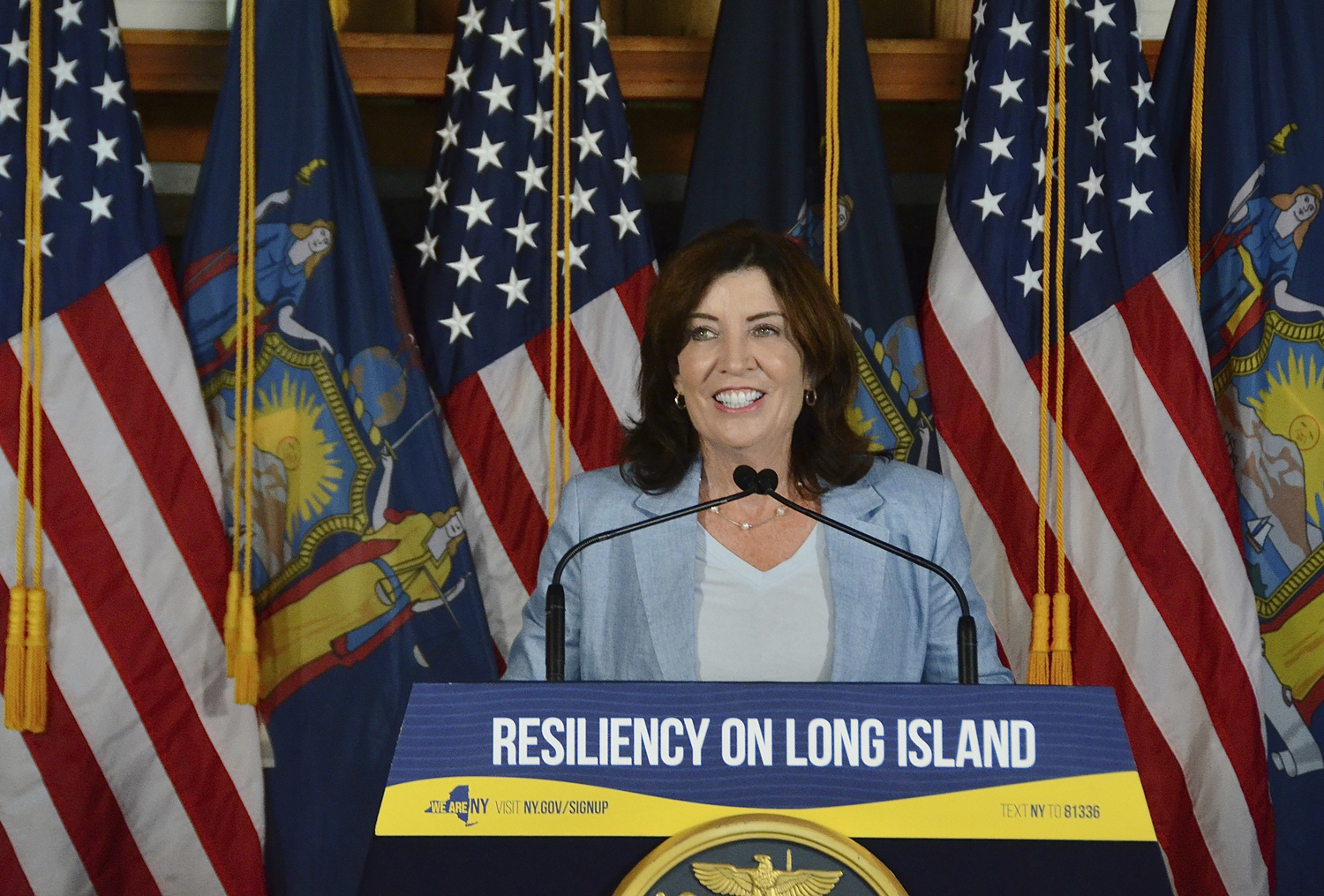 Gov. Kathy Hochul came to Montauk on Friday to announce $2.5 million in state funding toward restoration of the dune system at Ditch Plains Beach.       KYRIL BROMLEY