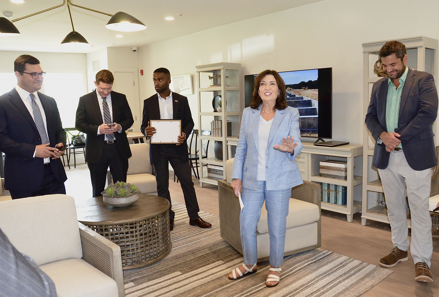 On Friday in East Hampton, Governor Kathy Hochul announced that the town is Long Island's first to receive the state's Pro-Housing Community designation.   KYRIL BROMLEY