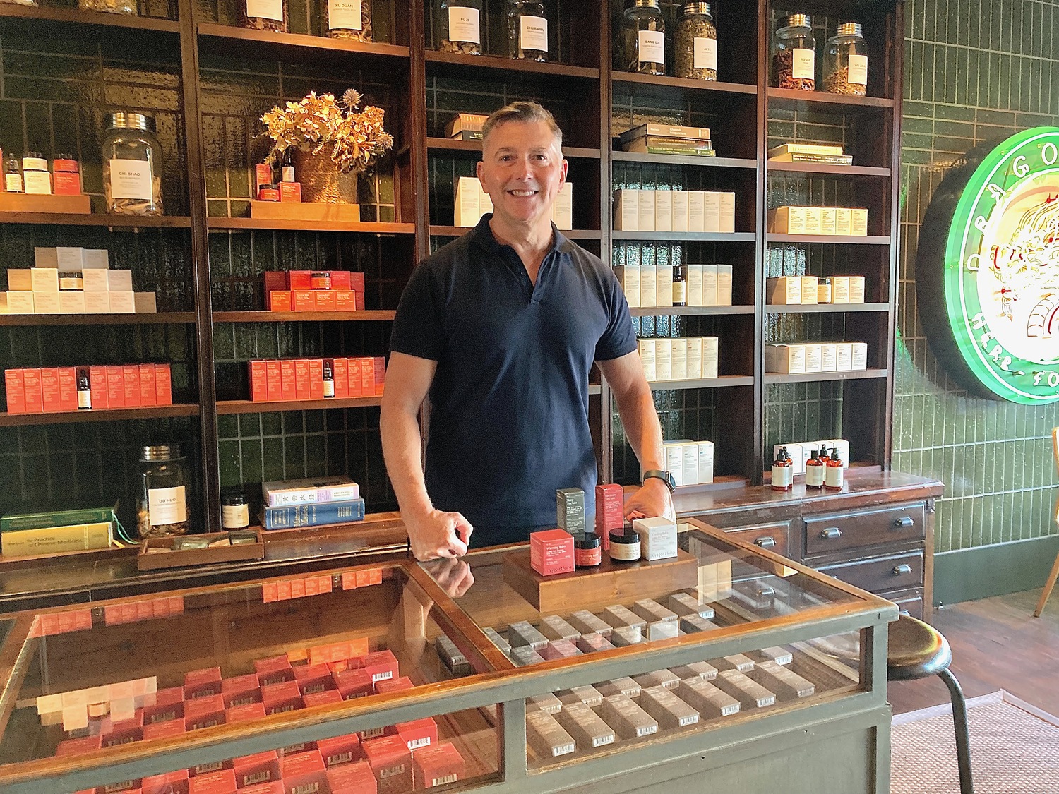 Sag Harbor business owner Kevin Menard at his Dragon Hemp Apothecary on Main Street. KYRIL BROMLEY