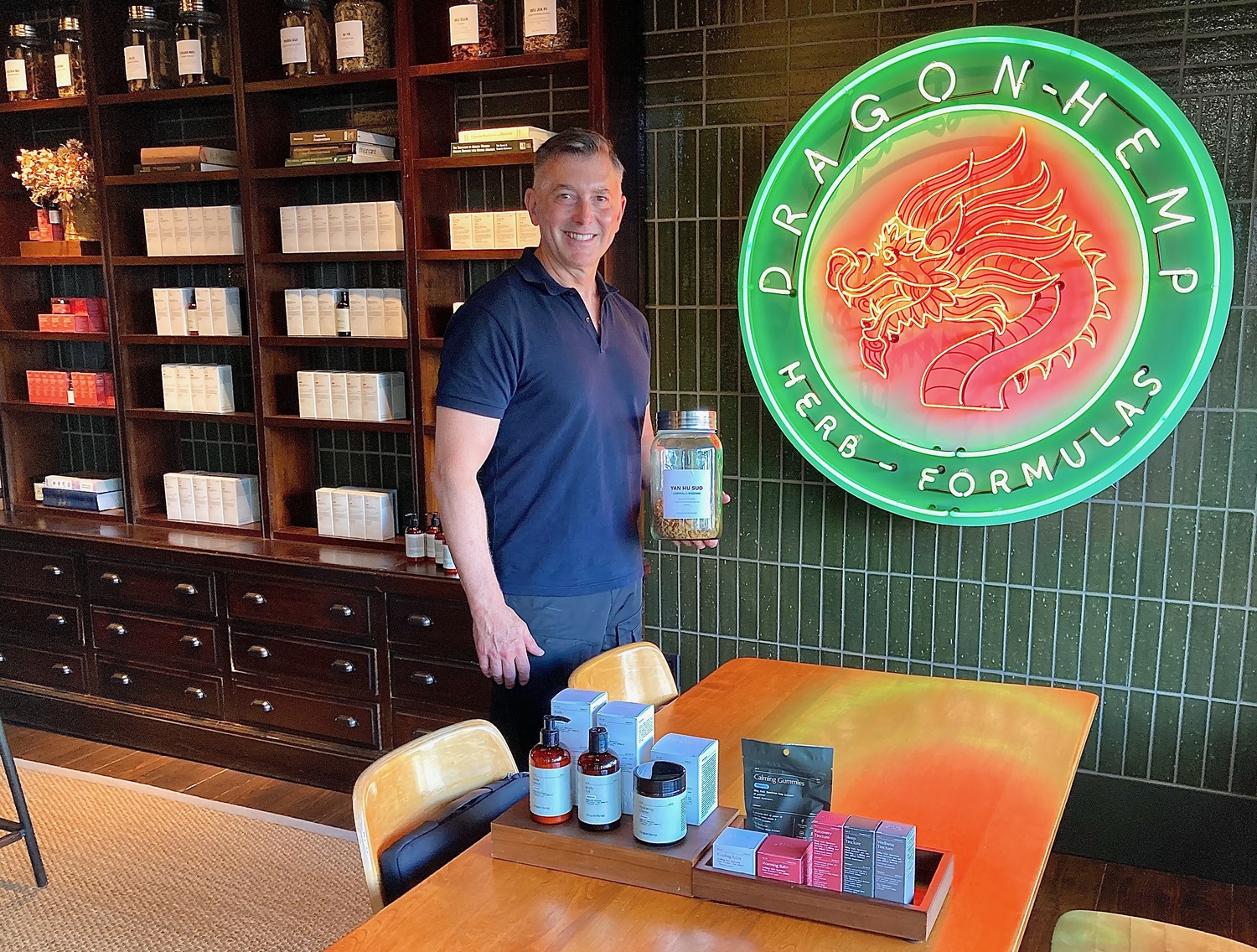 Sag Harbor business owner Kevin Menard at his Dragon Hemp Apothecary on Main Street. KYRIL BROMLEY