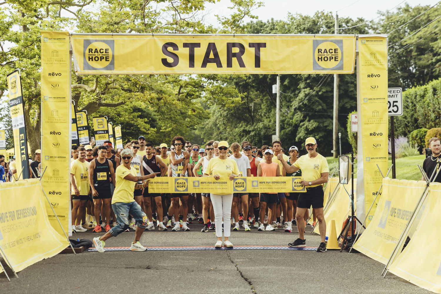 Stacey Griffith, Audrey Gruss and Arthur Dunnam at the starting line at the Hope for Depression Research Foundation’s 9th annual 5K Race of Hope on  August 4 in Southampton Village. the race r raised $500,000  in support of research and mental health awareness.    MARIA WURTZ