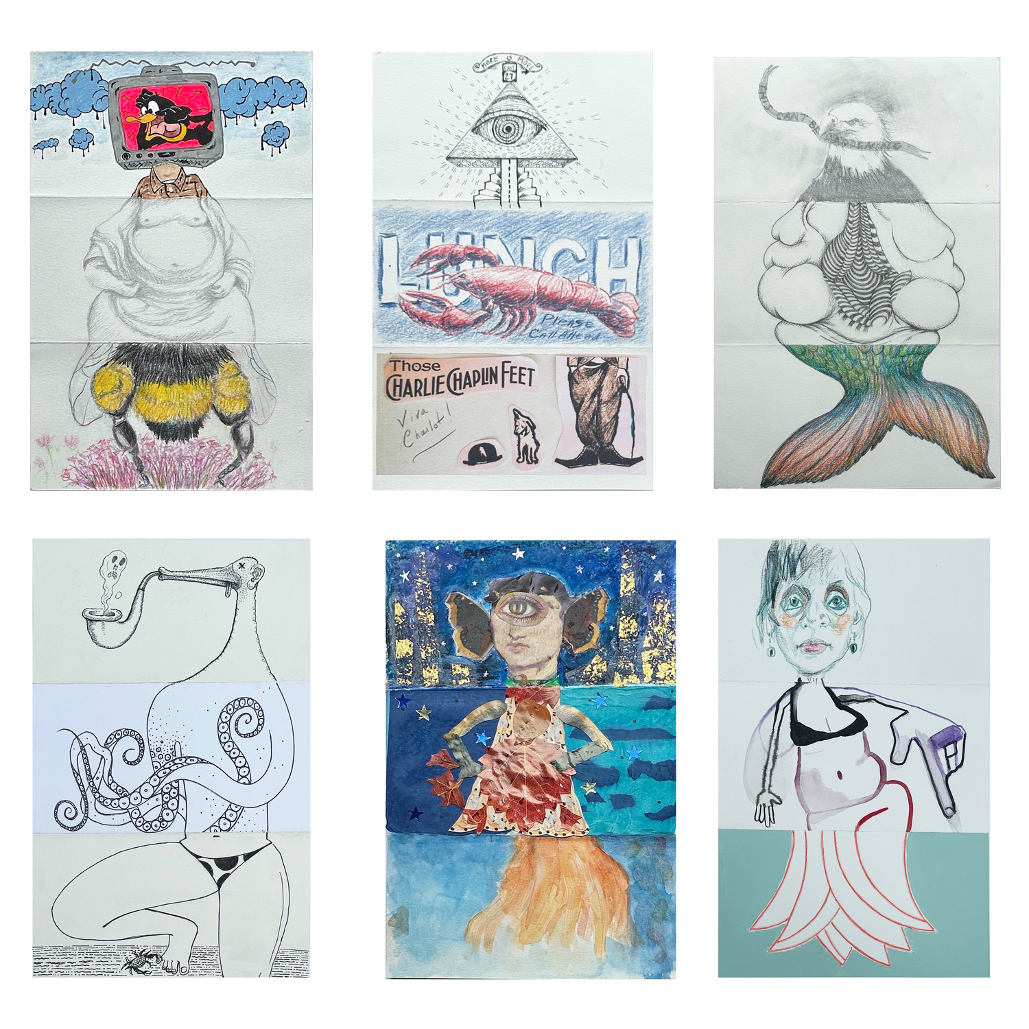 A lineup of Exquisite Corpse images made during the August 16 event. COURTESY ACDC