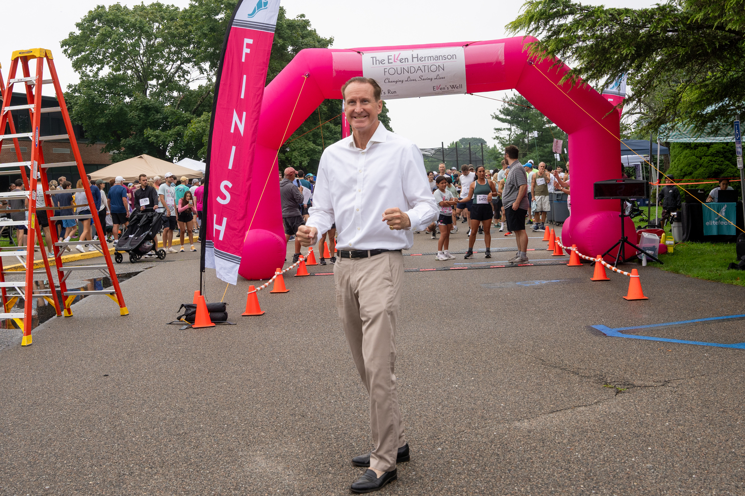 Southampton Village Mayor Bill Manger at the start/finish line of Ellen's Run on Sunday morning.   RON ESPOSITO