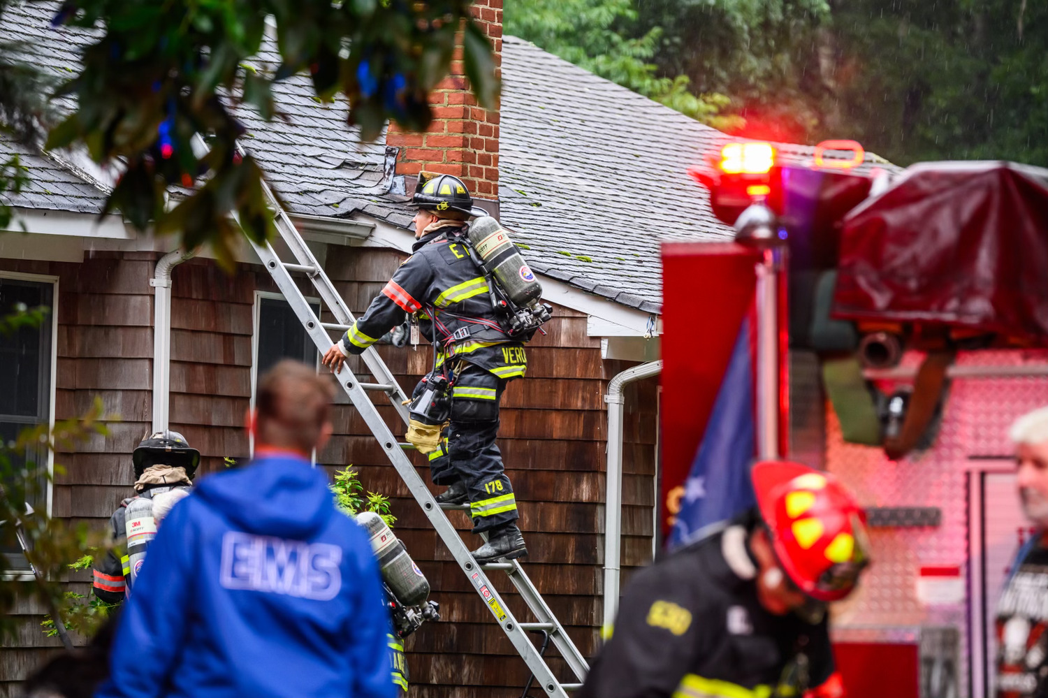 The East Hampton Fire Department responded to a lighting strike at houses on Three Mile Harbor Road on Tuesday. DOUG KUNTZ PHOTOGRAPHY