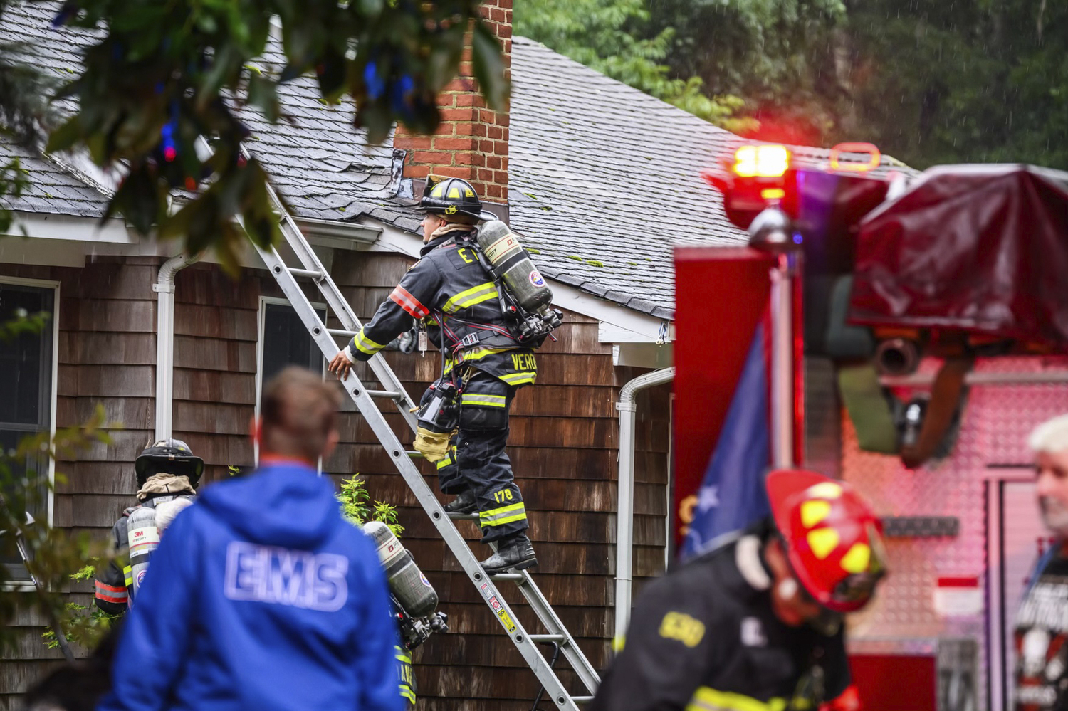 The East Hampton Fire Department responded to a lighting strike at houses on Three Mile Harbor Road on Tuesday. DOUG KUNTZ