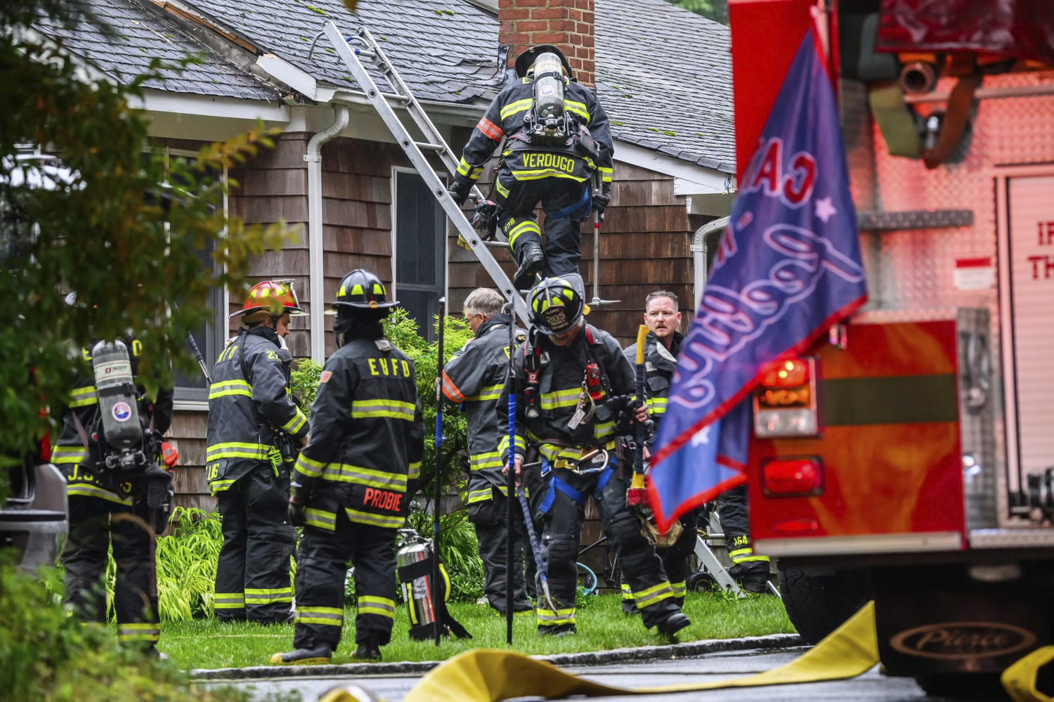 The East Hampton Fire Department responded to a lighting strike at houses on Three Mile Harbor Road on Tuesday. DOUG KUNTZ