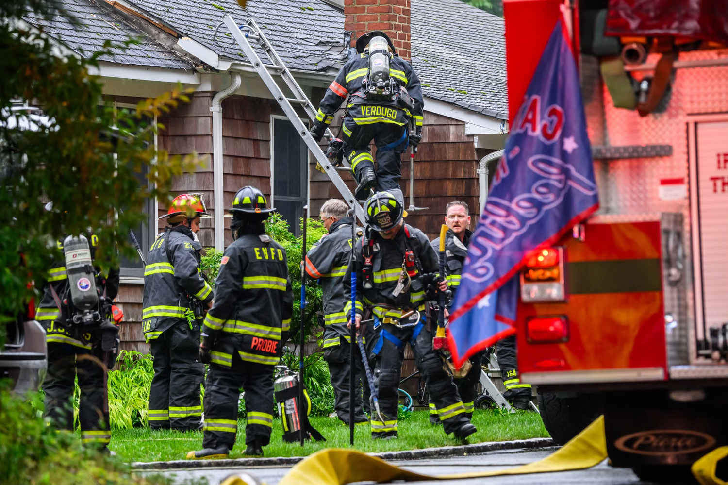 The East Hampton Fire Department responded to a lighting strike at houses on Three Mile Harbor Road on Tuesday. DOUG KUNTZ PHOTOGRAPHY