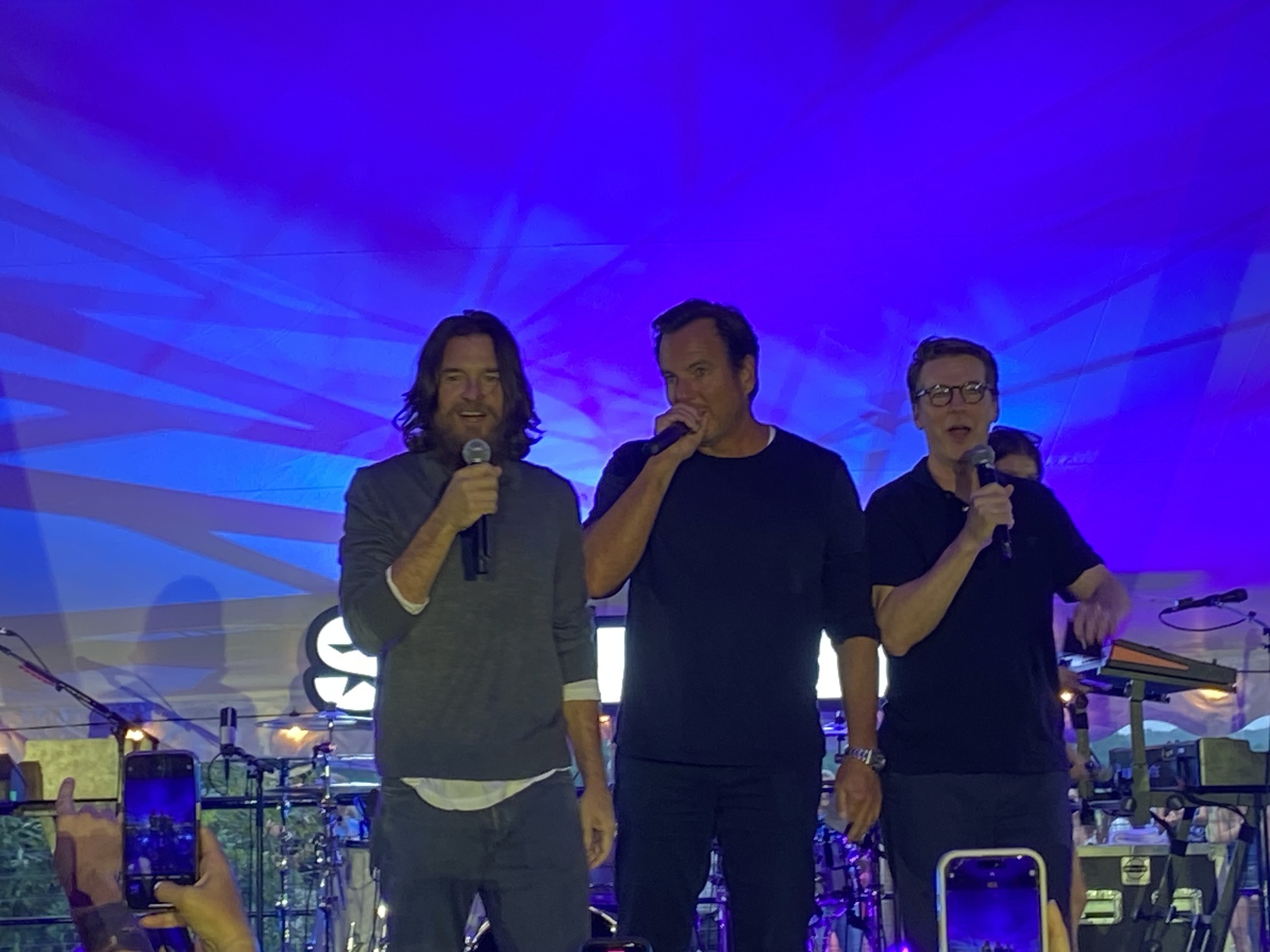 The SmartLess podcast hosts Jason Bateman, Sean Hayes and Will Arnett introduced Jelly Roll at the SiriusXM concert at the Stephen Talkhouse in Amagansett on Saturday night. CHRISTOPHER WALSH