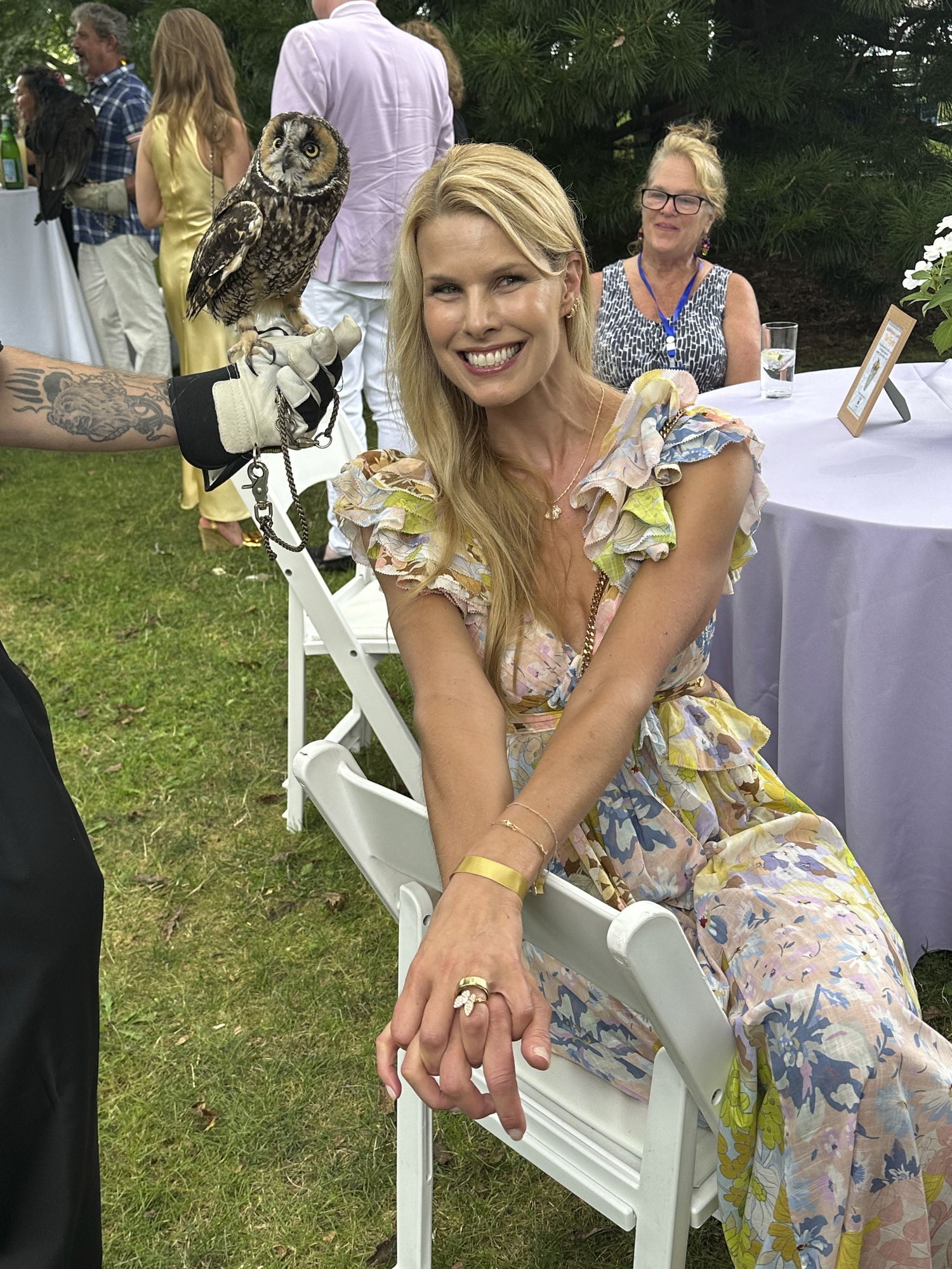 Leona a long eared owl with Beth Stern at the Evelyn alexander Wildlife Rescue benefit.  GREGORY D'ELIA