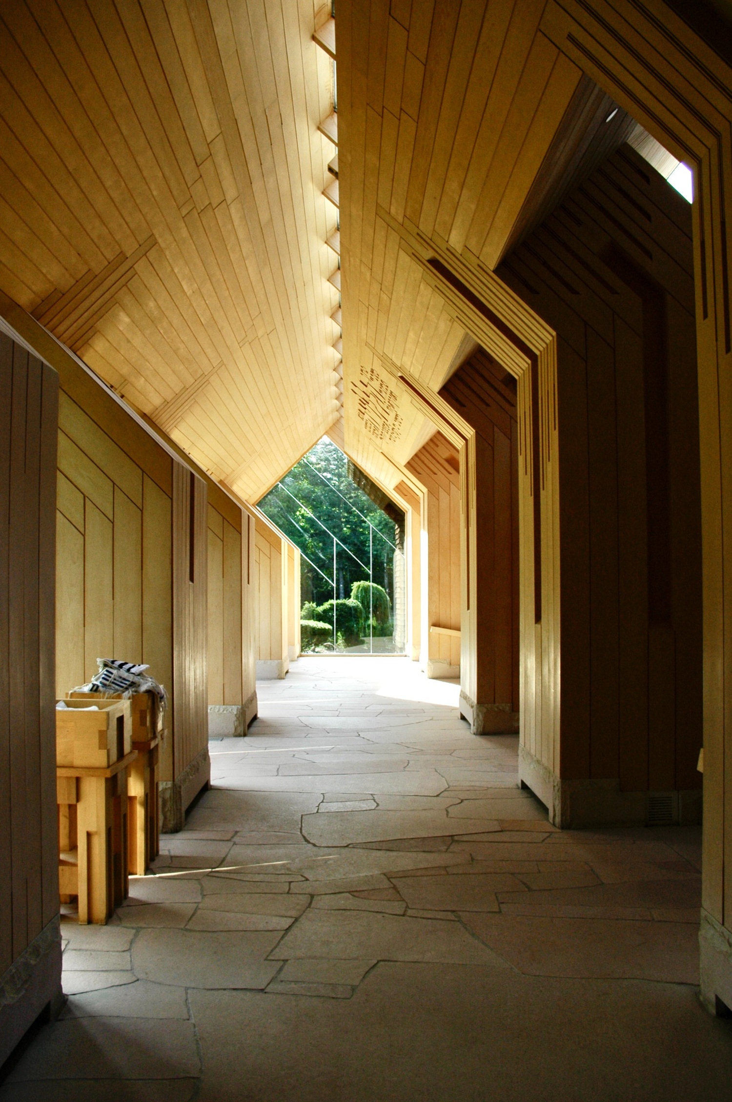 The entrance loggia at the Jewish Center of The Hamptons, also known as Shaarey Pardes, transliterated from Hebrew as the 