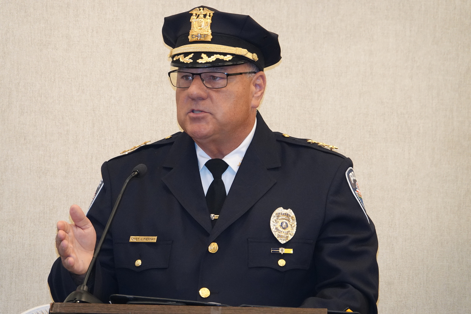 Southampton Town Police Chief James Kiernan thanked the Town Board for approving the hiring of five new police officers this week. MICHAEL WRIGHT