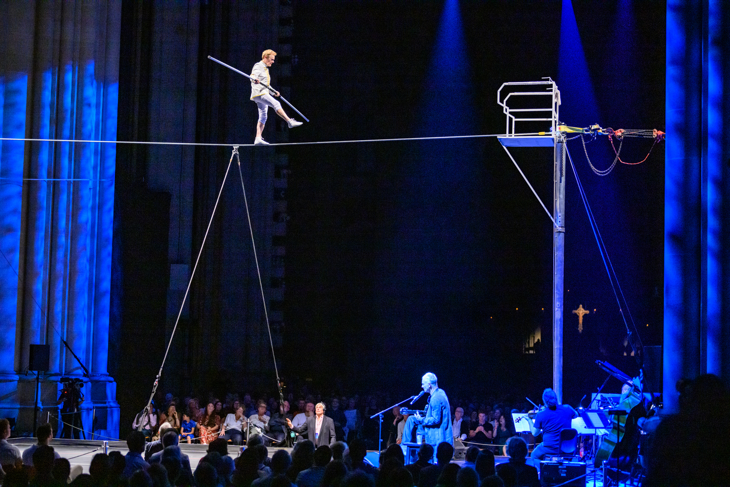 Philippe Petit on the wire during a performance of 