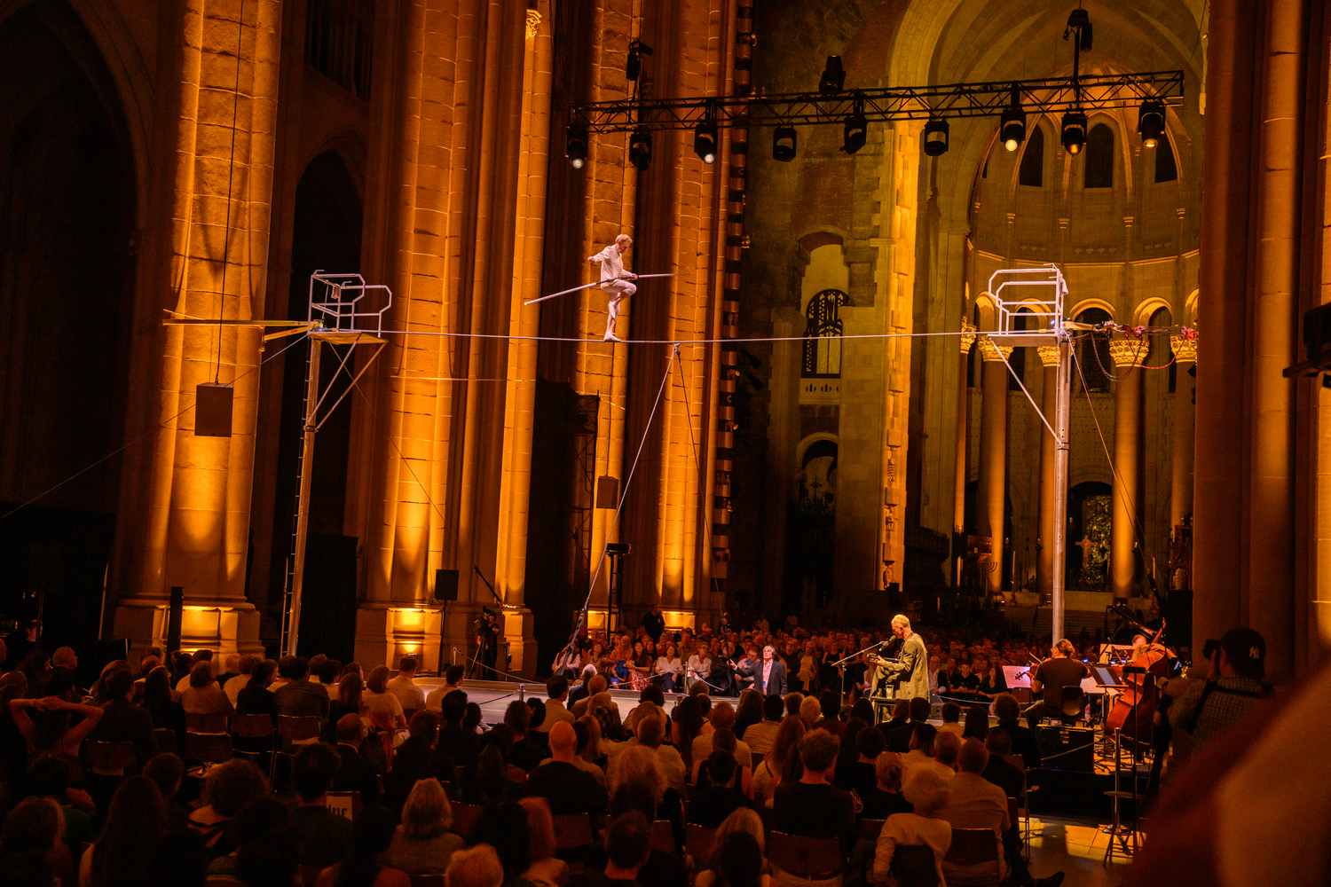 Philippe Petit on the wire during a performance of 