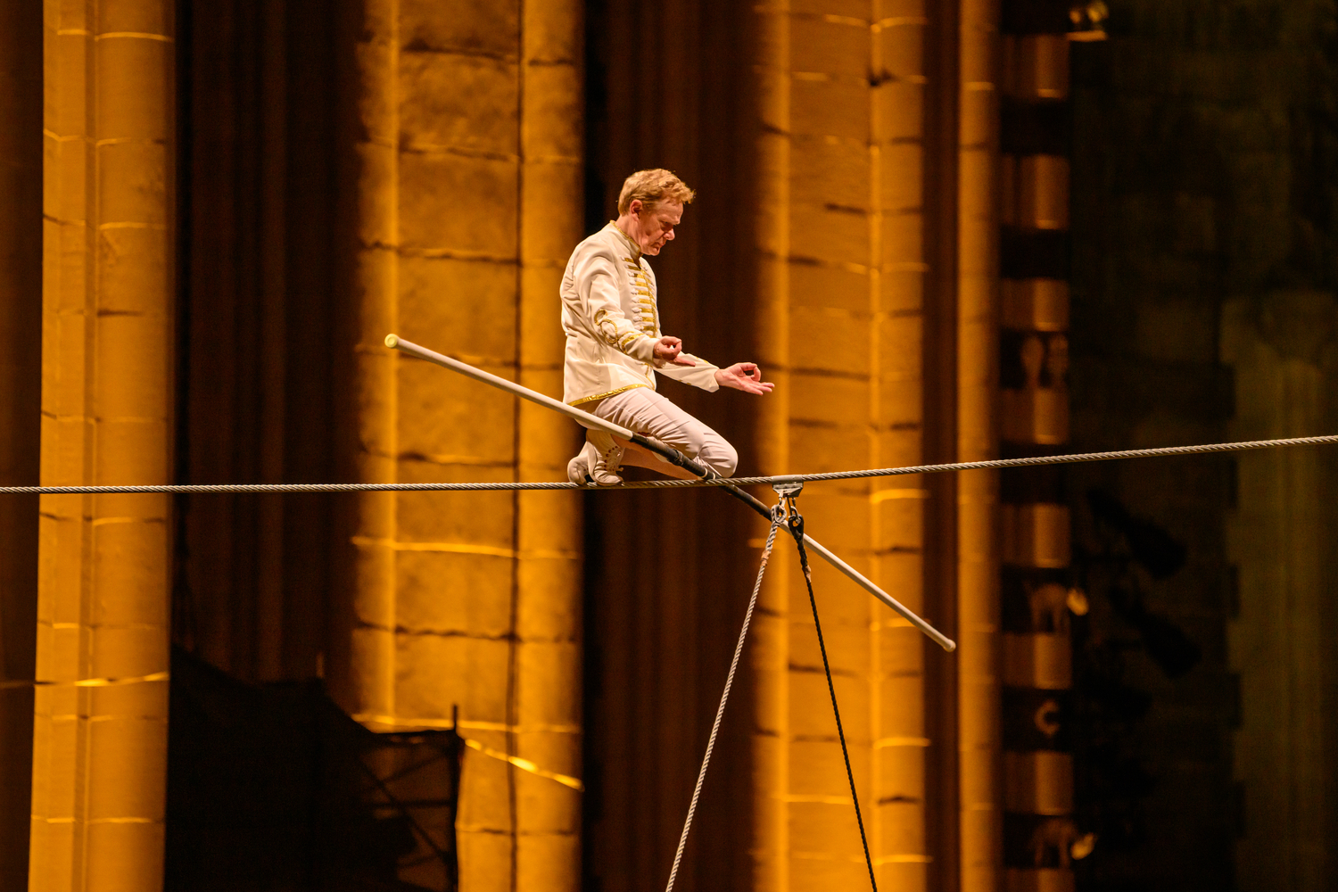 Philippe Petit on the wire during a performance of 