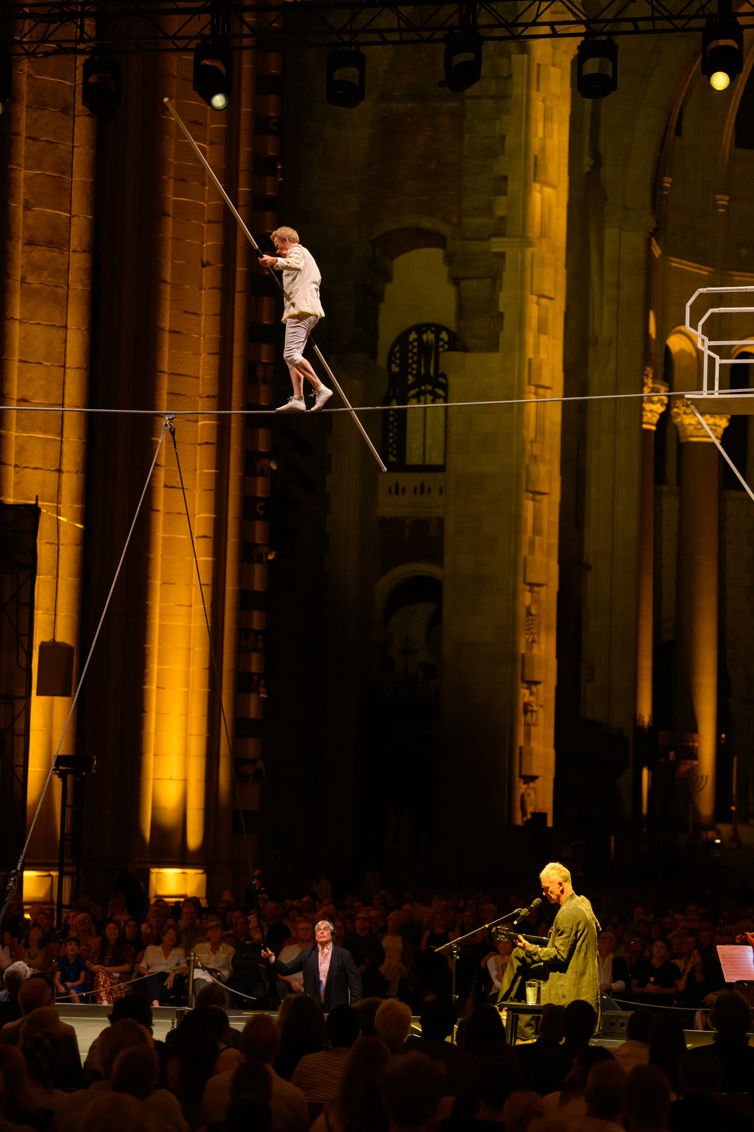 Philippe Petit on the wire during a performance of 