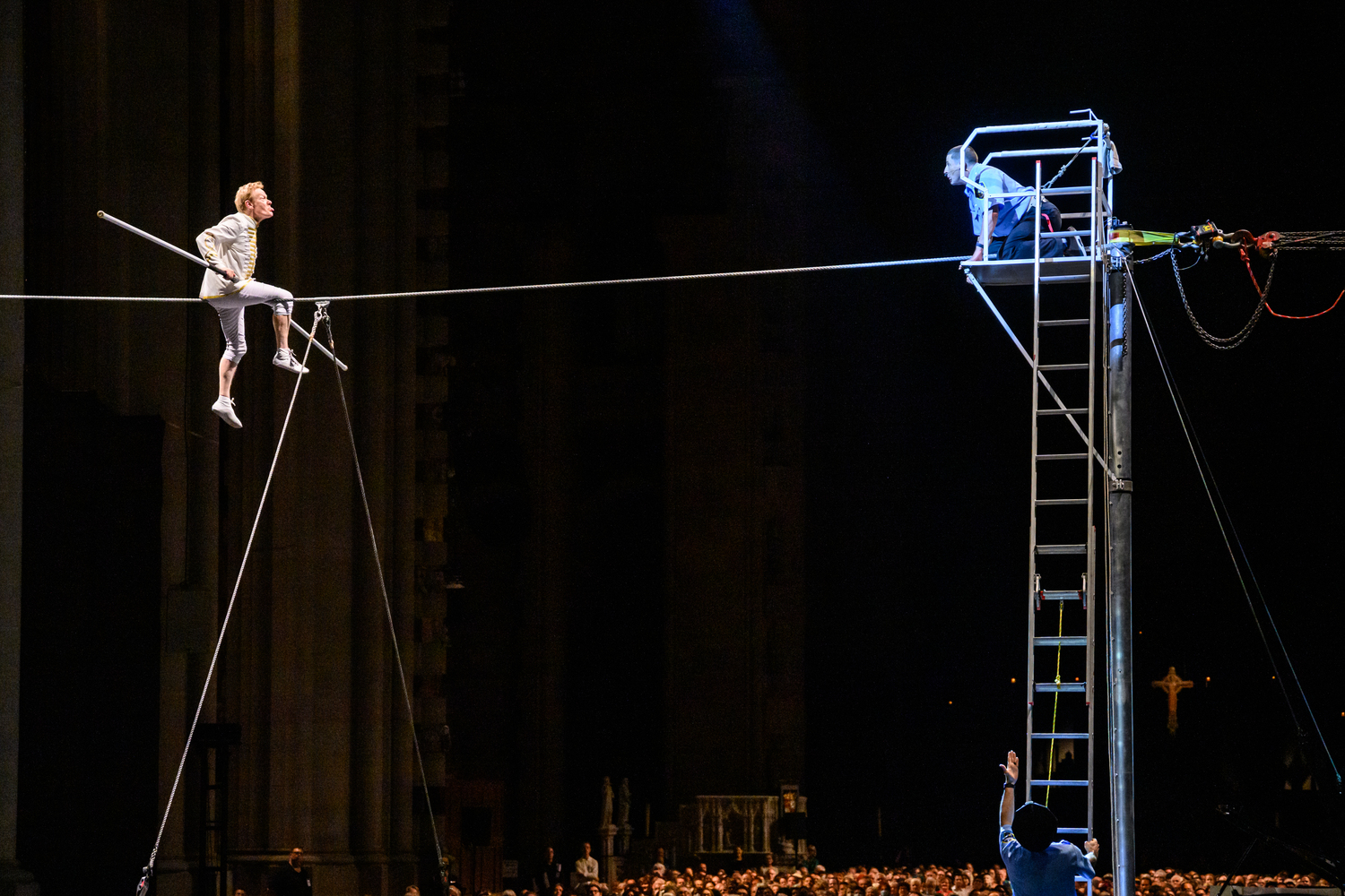 Philippe Petit taunts the police in his performance of 