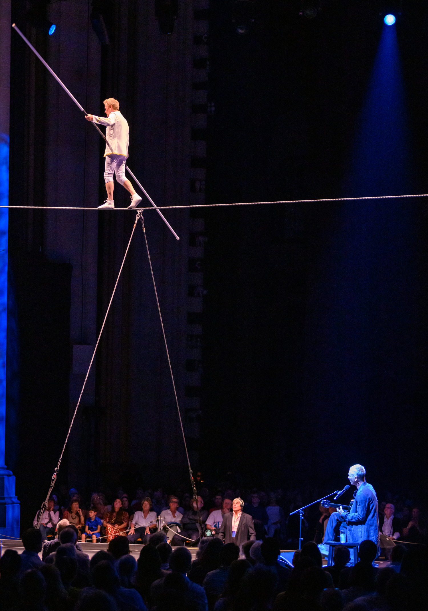 Philippe Petit on the wire during a performance of 