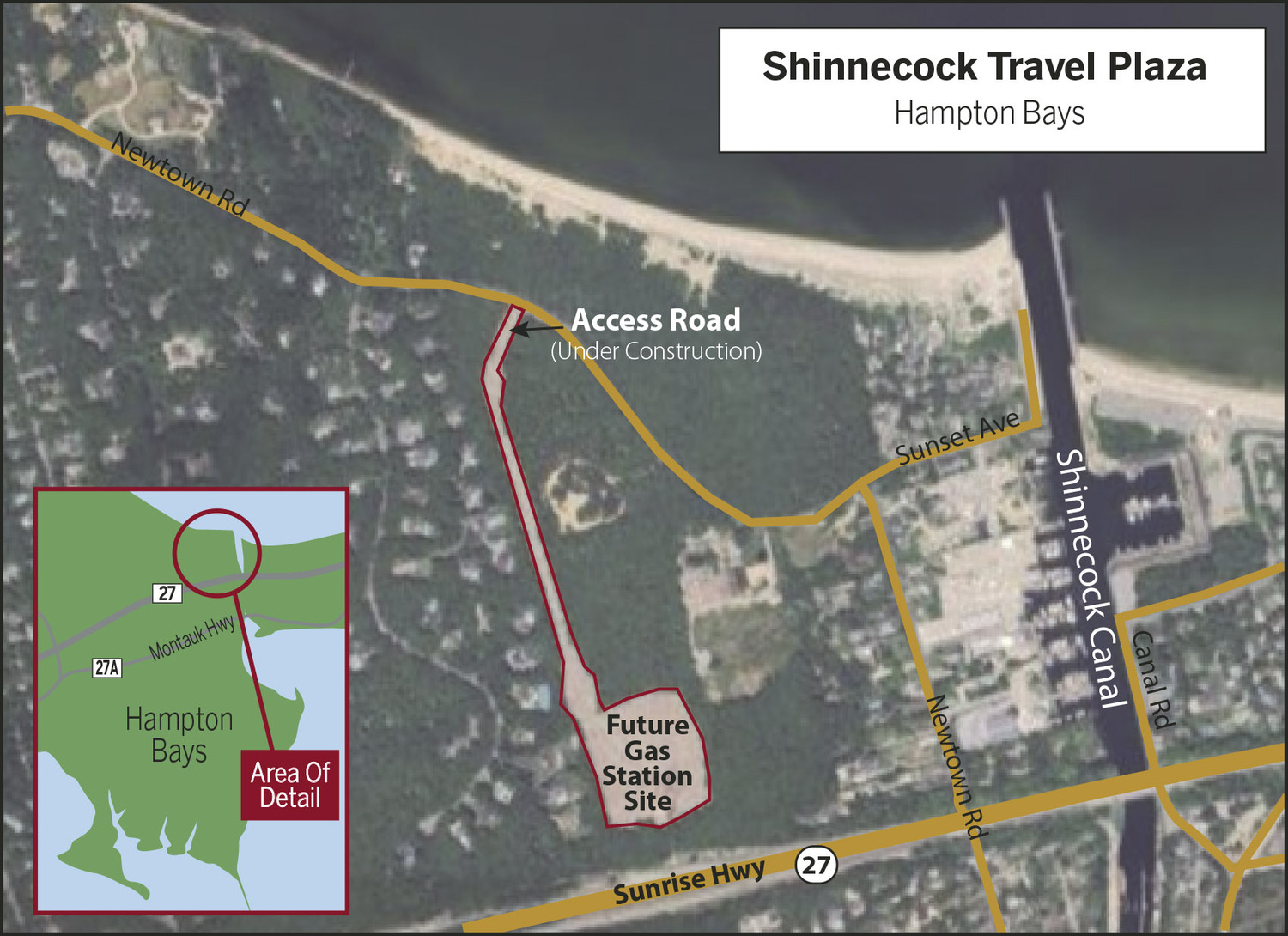 Aerial images on Google Maps now show the land cleared off Newtown Road in Hampton Bays to make way for the Shinnecock Nation's planned gas station. The tribe has ignored stop work orders issued by the town and now Hampton Bays residents are calling on Newtown Road to be closed to commercial truck traffic as a way to halt the ongoing construction of the access drive to the property.