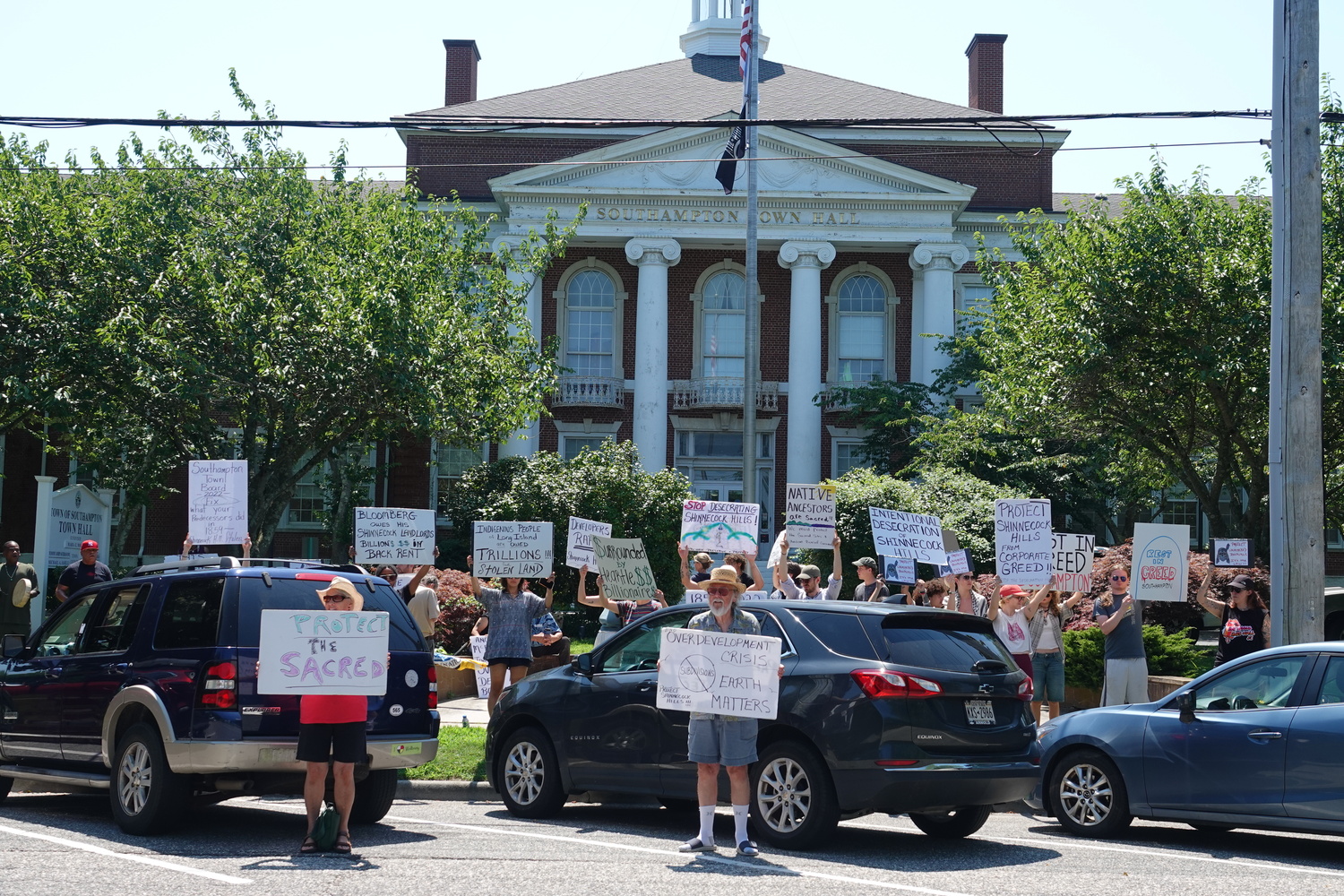 Members of the Shinnecock Nation and their supporters held a rally outside Southampton Town Hall on Monday calling on Southampton Town to dedicated more money from the Community Preservation Fund to preserving more of the tribe's ancestral lands in Shinnecock Hills. MICHAEL WRIGHT