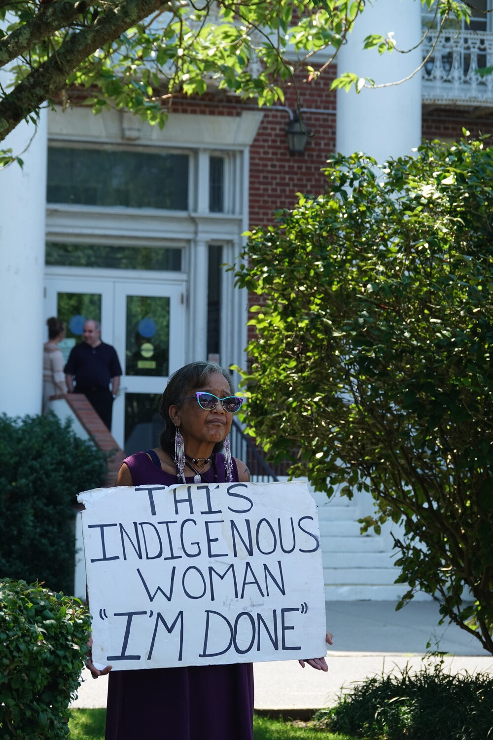 Members of the Shinnecock Nation and their supporters held a rally outside Southampton Town Hall on Monday calling on Southampton Town to dedicated more money from the Community Preservation Fund to preserving more of the tribe's ancestral lands in Shinnecock Hills. MICHAEL WRIGHT