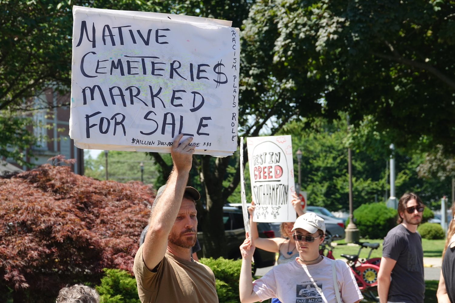 Members of the Shinnecock Nation and their supporters held a rally outside Southampton Town Hall on Monday calling on Southampton Town to dedicated more money from the Community Preservation Fund to preserving more of the tribe's ancestral lands in Shinnecock Hills. MICHAEL WRIGHT