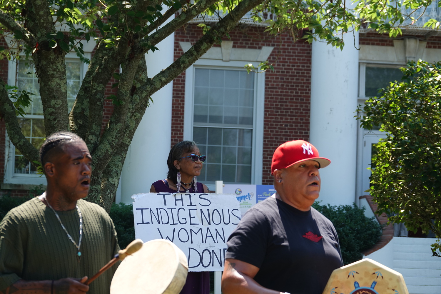 Members of the Shinnecock Nation and their supporters held a rally outside Southampton Town Hall on Monday calling on Southampton Town to dedicated more money from the Community Preservation Fund to preserving more of the tribe's ancestral lands in Shinnecock Hills. MICHAEL WRIGHT