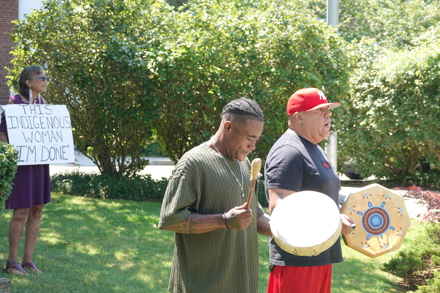 Members of the Shinnecock Nation and their supporters held a rally outside Southampton Town Hall on Monday calling on Southampton Town to dedicated more money from the Community Preservation Fund to preserving more of the tribe's ancestral lands in Shinnecock Hills. MICHAEL WRIGHT