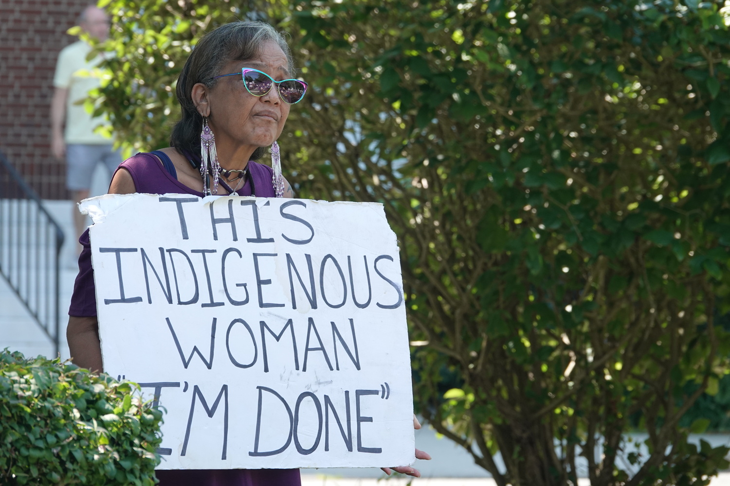 Members of the Shinnecock Nation and their supporters held a rally outside Southampton Town Hall on Monday calling on Southampton Town to dedicated more money from the Community Preservation Fund to preserving more of the tribe's ancestral lands in Shinnecock Hills. MICHAEL WRIGHT