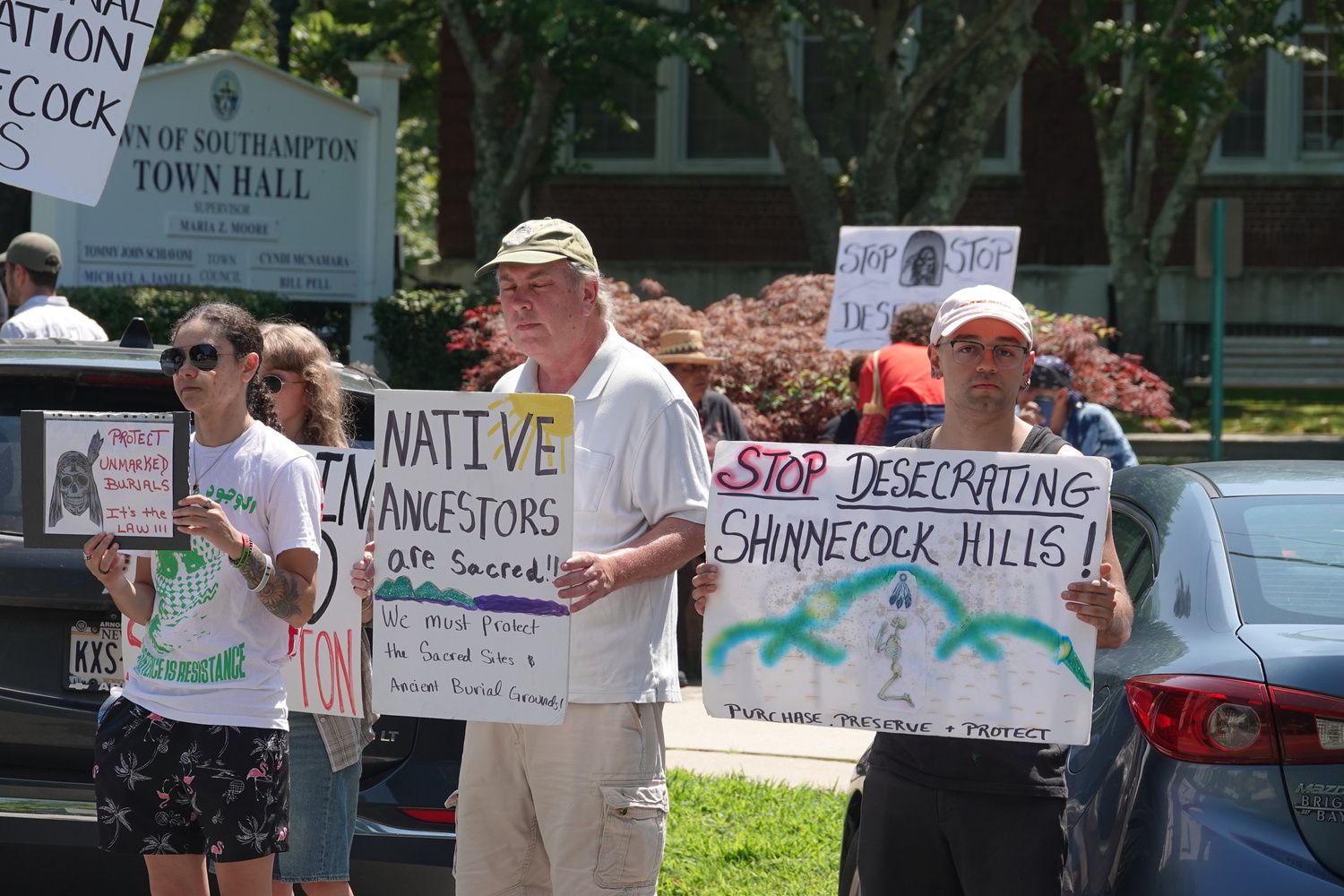 Members of the Shinnecock Nation and their supporters held a rally outside Southampton Town Hall on Monday calling on Southampton Town to dedicated more money from the Community Preservation Fund to preserving more of the tribe's ancestral lands in Shinnecock Hills. MICHAEL WRIGHT