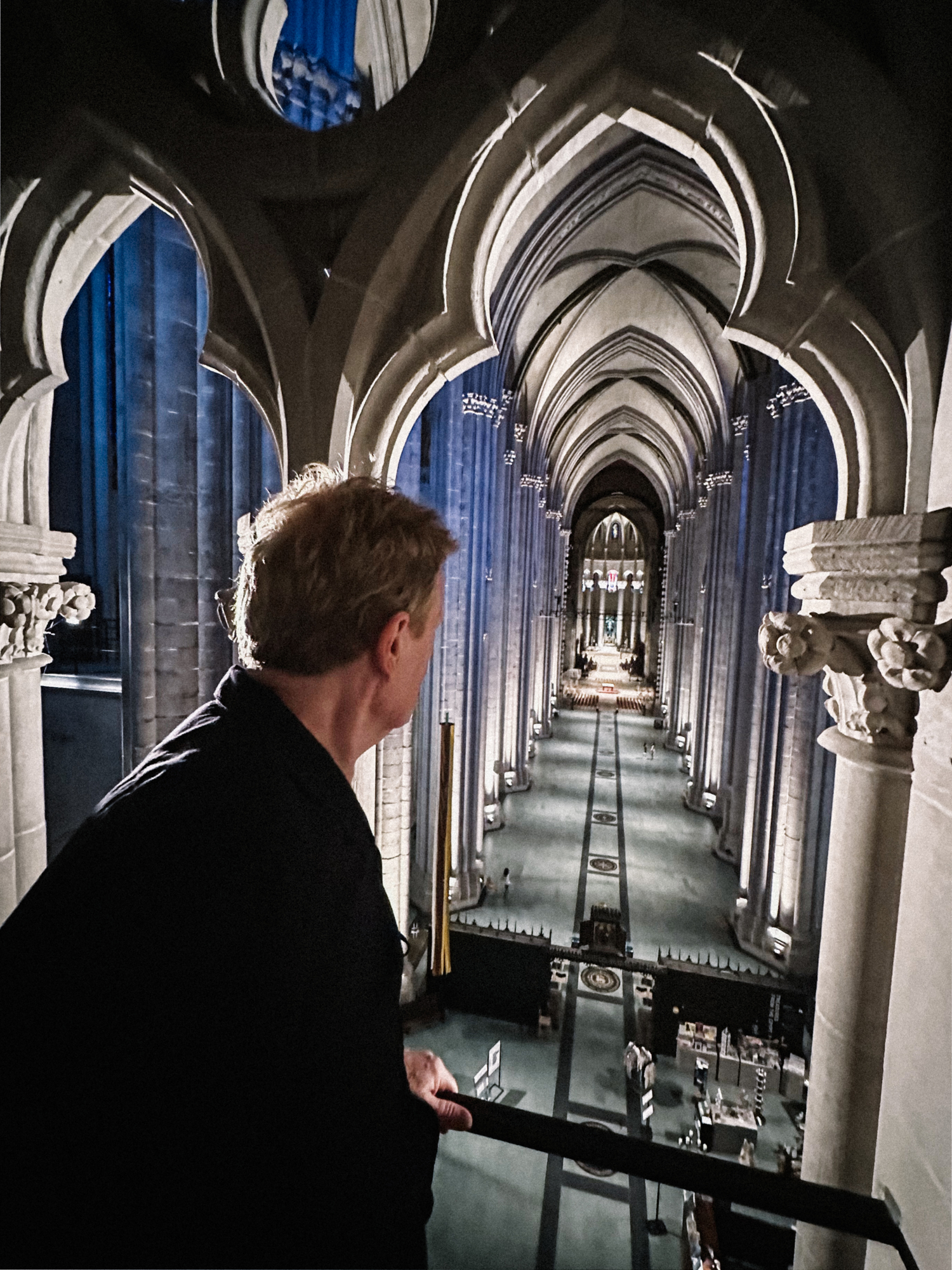 Philippe Petit inside The Cathedral of St. John the Divine in Manhattan where he is an artist-in-residence. On August 7 and 8 Petit performed at the cathedral in commemoration of the 50th anniversary of his high wire walk between the World Trade Center's North and South Towers. VICTORIA DEARING