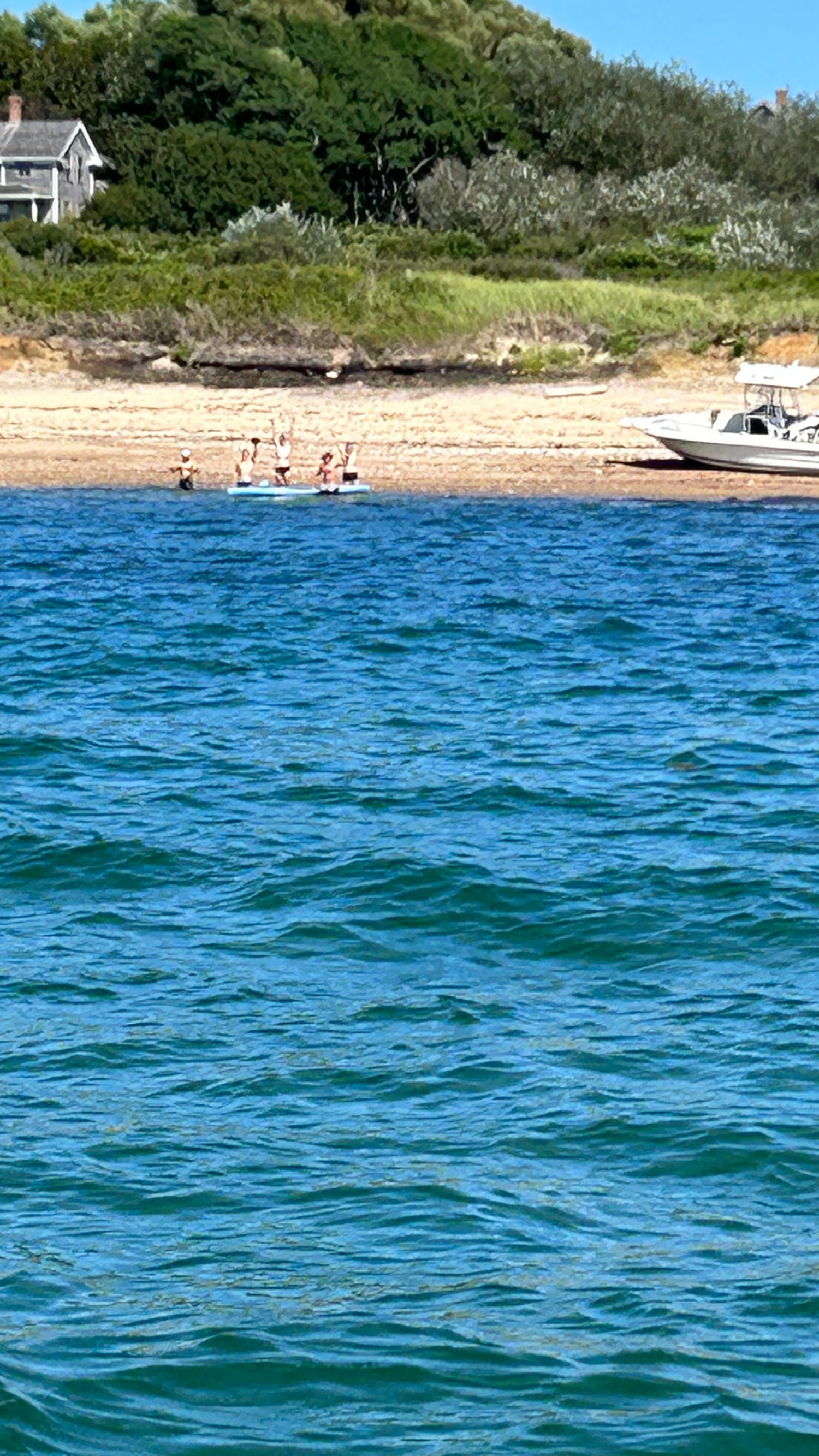 The members of the team, who swam the last leg together, after reaching the shore of Block Island. COURTESY DAWGPATCH BANDITS