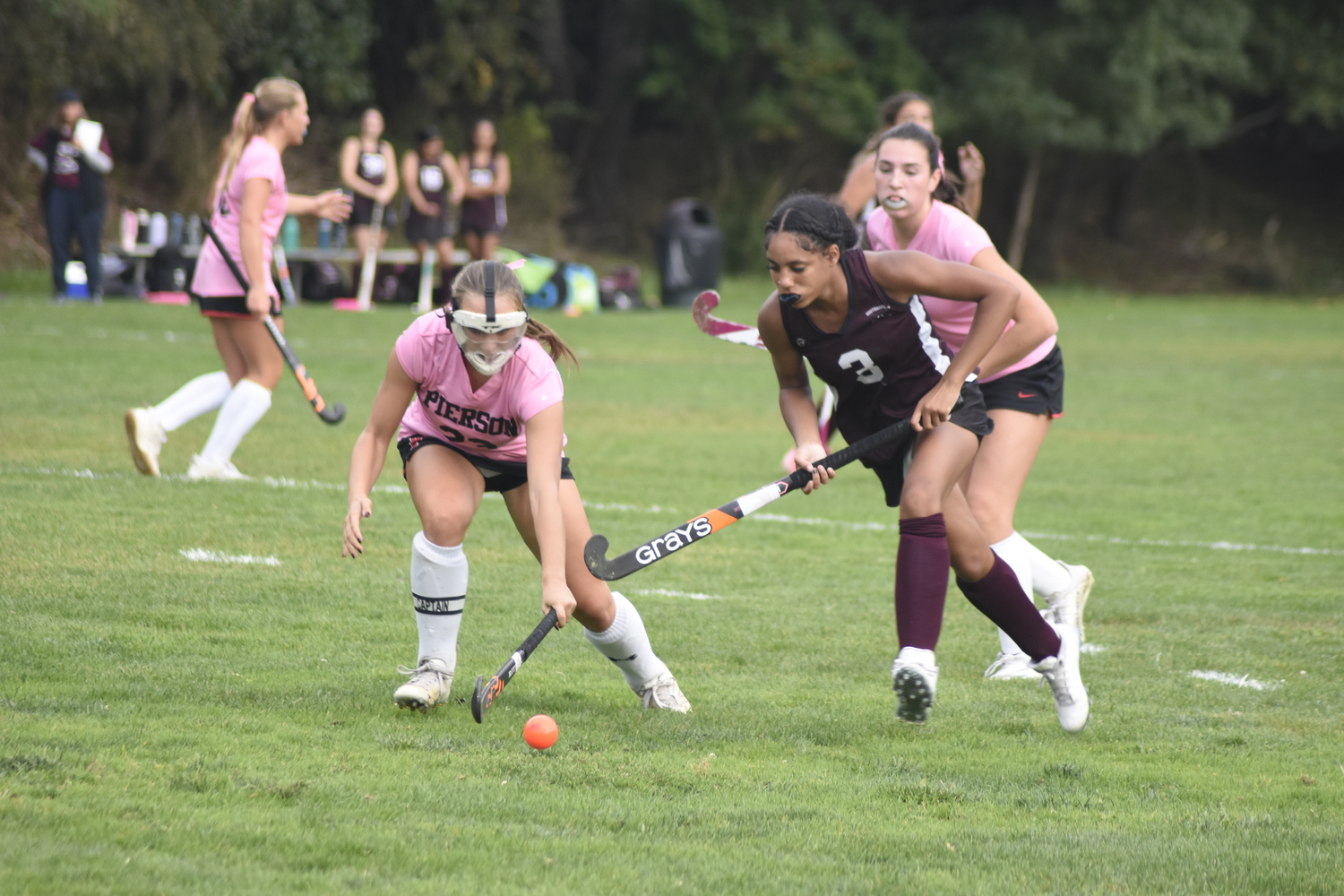 Pierson senior Bella Eldridge and Southampton senior Daelyn Palmore converge on the ball.  DREW BUDD