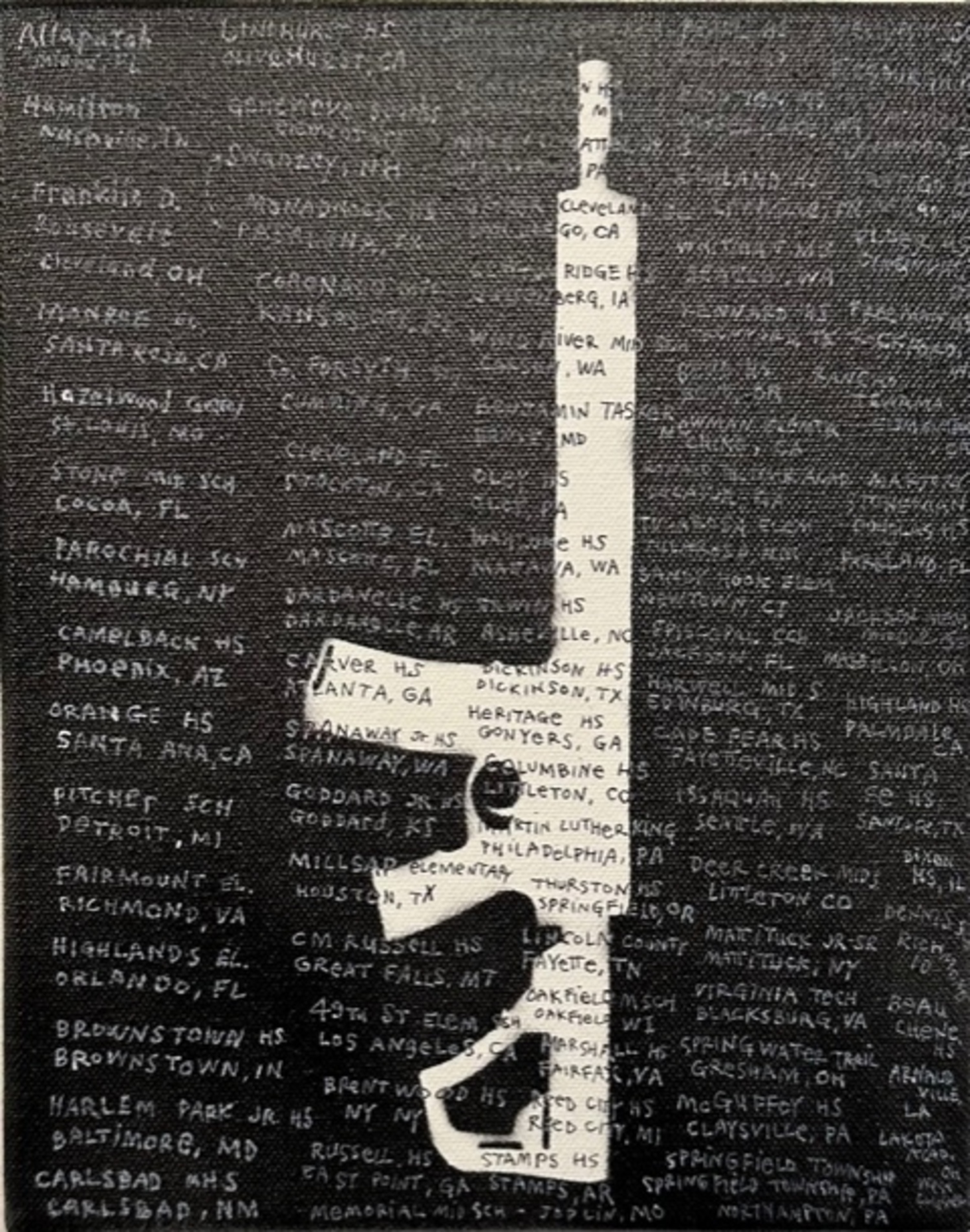 Christina Sun, partial list of school shootings by assault weapon. Acrylic on canvas.