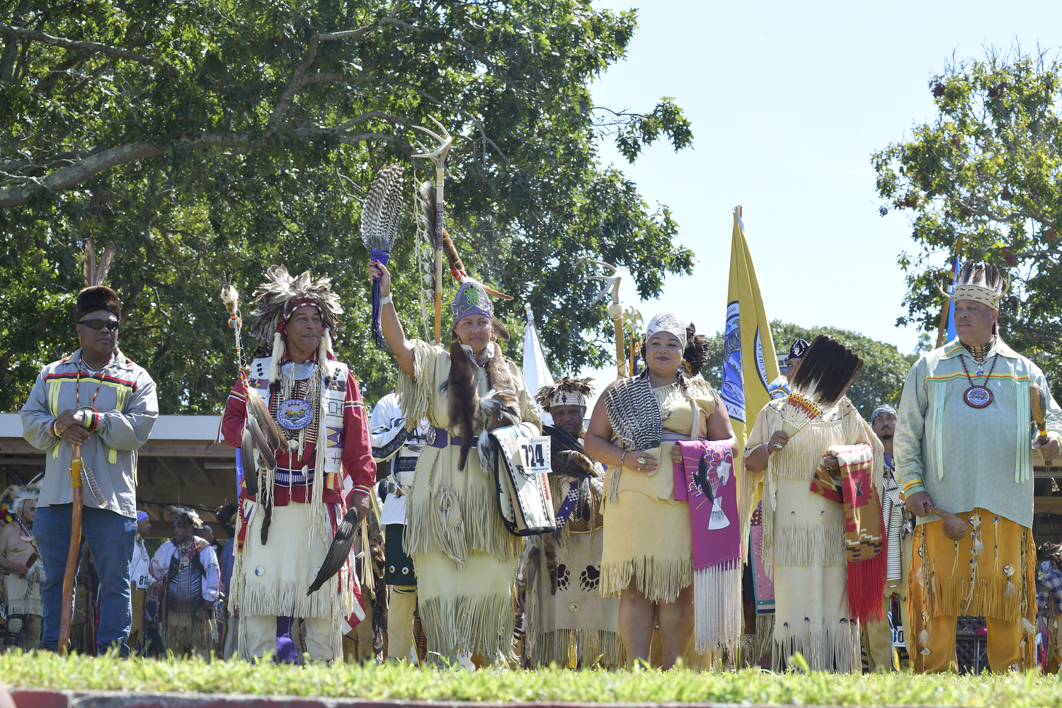 Shinnecock Tribal Trustees welcome the crowd to the 78th annual Shinnecock Powwow on Saturday afternoon.