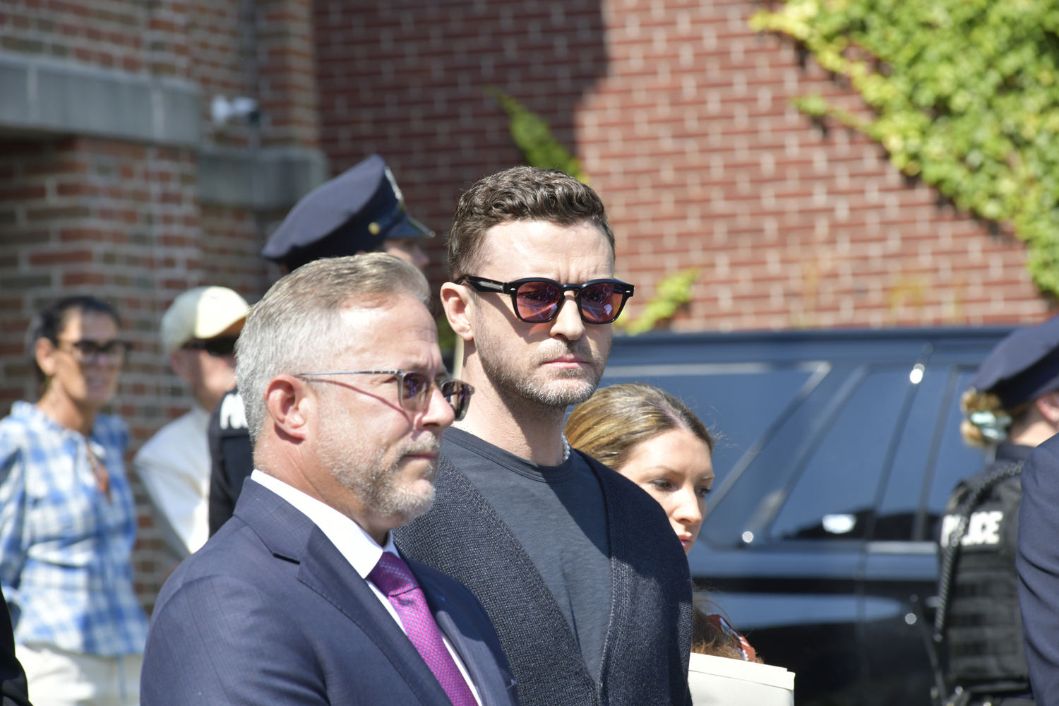 Justin Timberlake speaks to the media after his court appearance in Sag Harbor Justice Court on Friday morning.   DANA SHAW